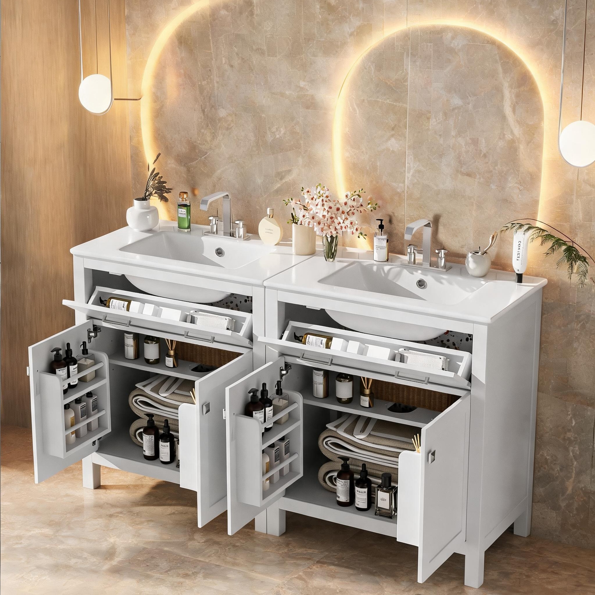 SunJet Solid Wood White Double Sink Vanity 60-Inch Modern Bathroom Storage with Soft-Close Doors