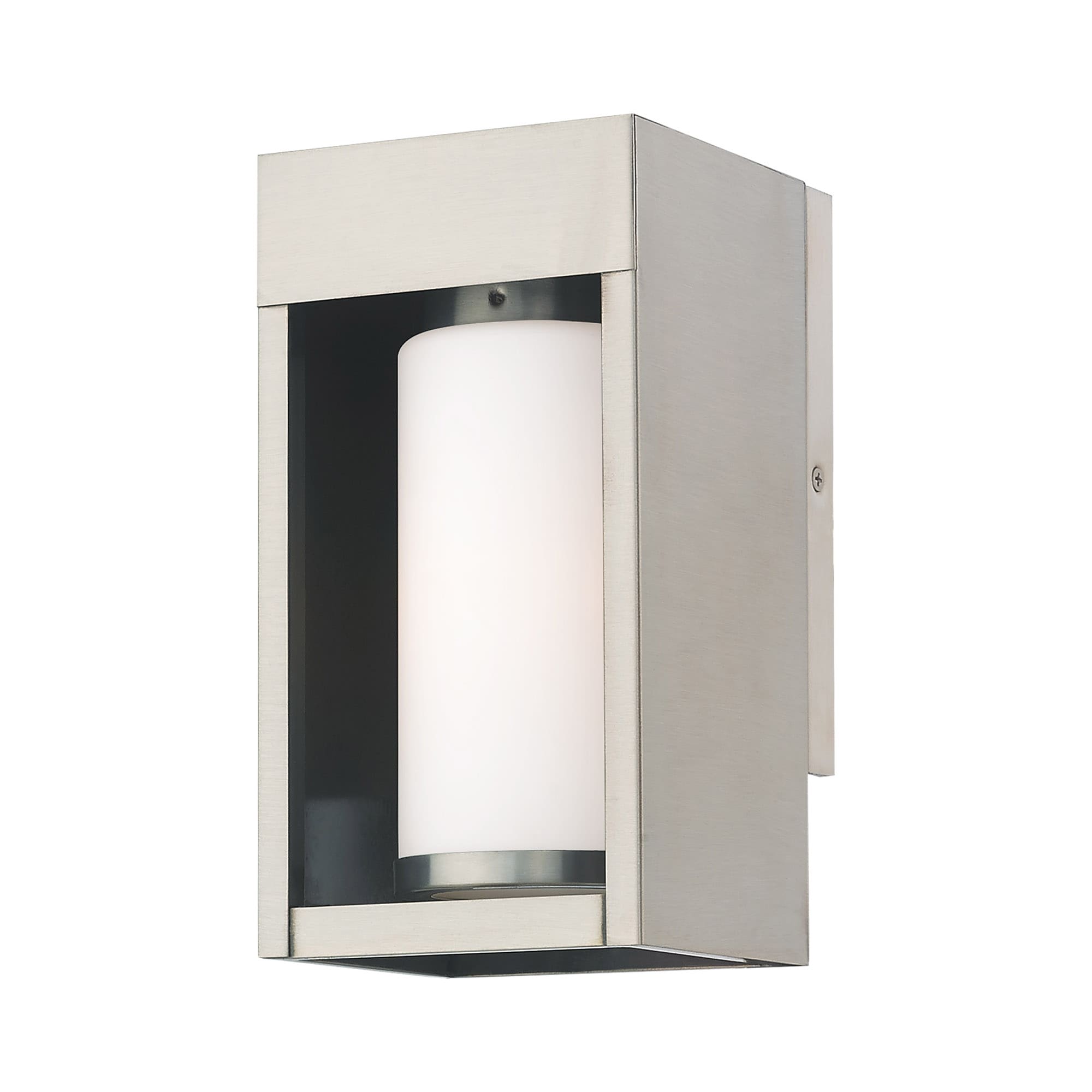 Contemporary Brushed Nickel Outdoor Wall Lantern with Satin Opal White Glass