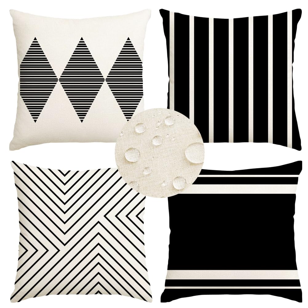 AOIZGMY  Outdoor Pillow Covers Waterproof 20x20 Inch Black Beige Boho Set of 4 for Patio Furniture Couch Sofa Bench Hidden Zipper Durable