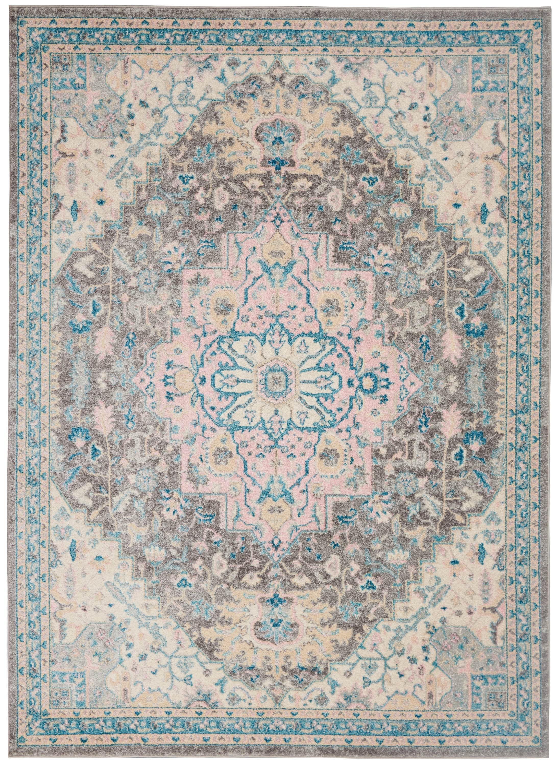 Elegant Light Grey and Pink Medallion Synthetic Rug 4' x 6'