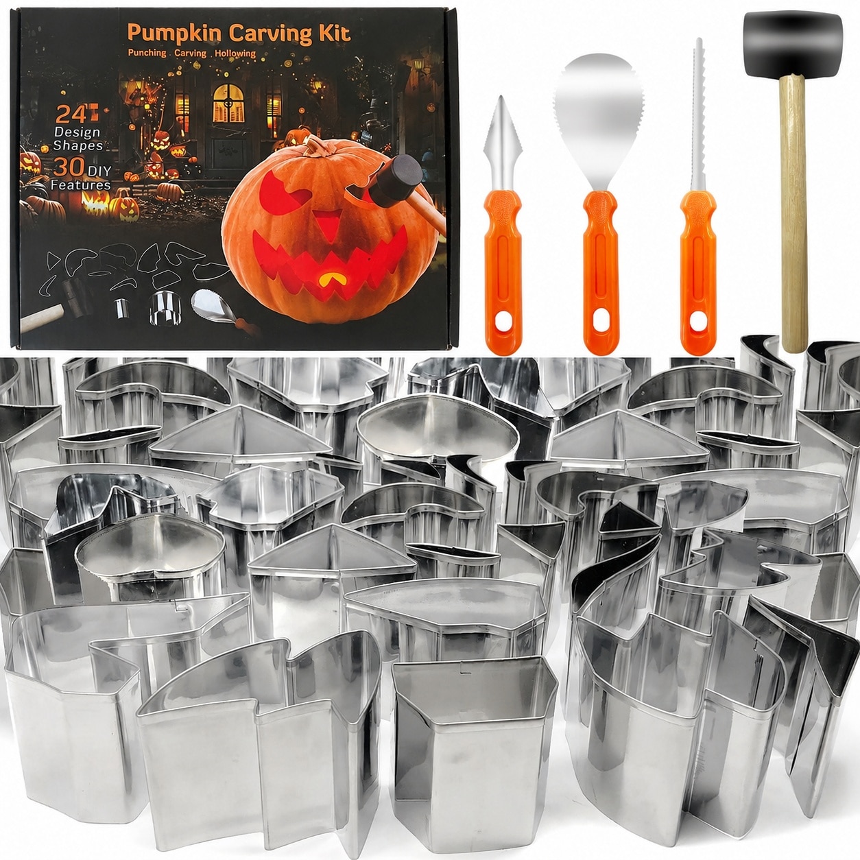 KIWDZFU  Halloween Pumpkin Carving Kit with Stainless Steel Tools Carve Stencils Hammer and Pumpkin Carving Knife 28 Pieces