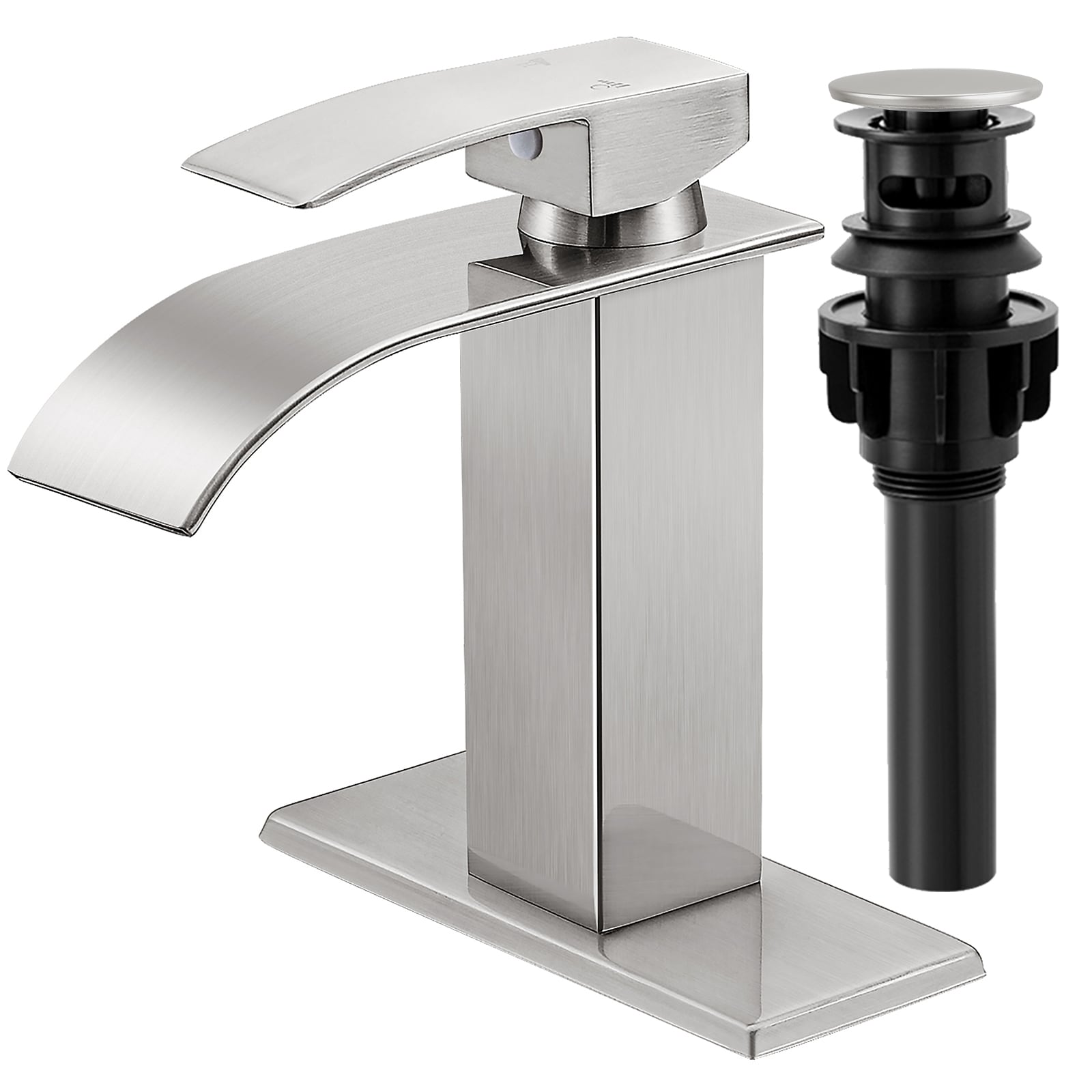 BOKETTO TPLT-003LS-DP-XS TPLT-003 Brushed Nickel Single hole 1-handle Waterfall Commercial/Residential Handle Bathroom Sink Faucet with Drain with Deck Plate