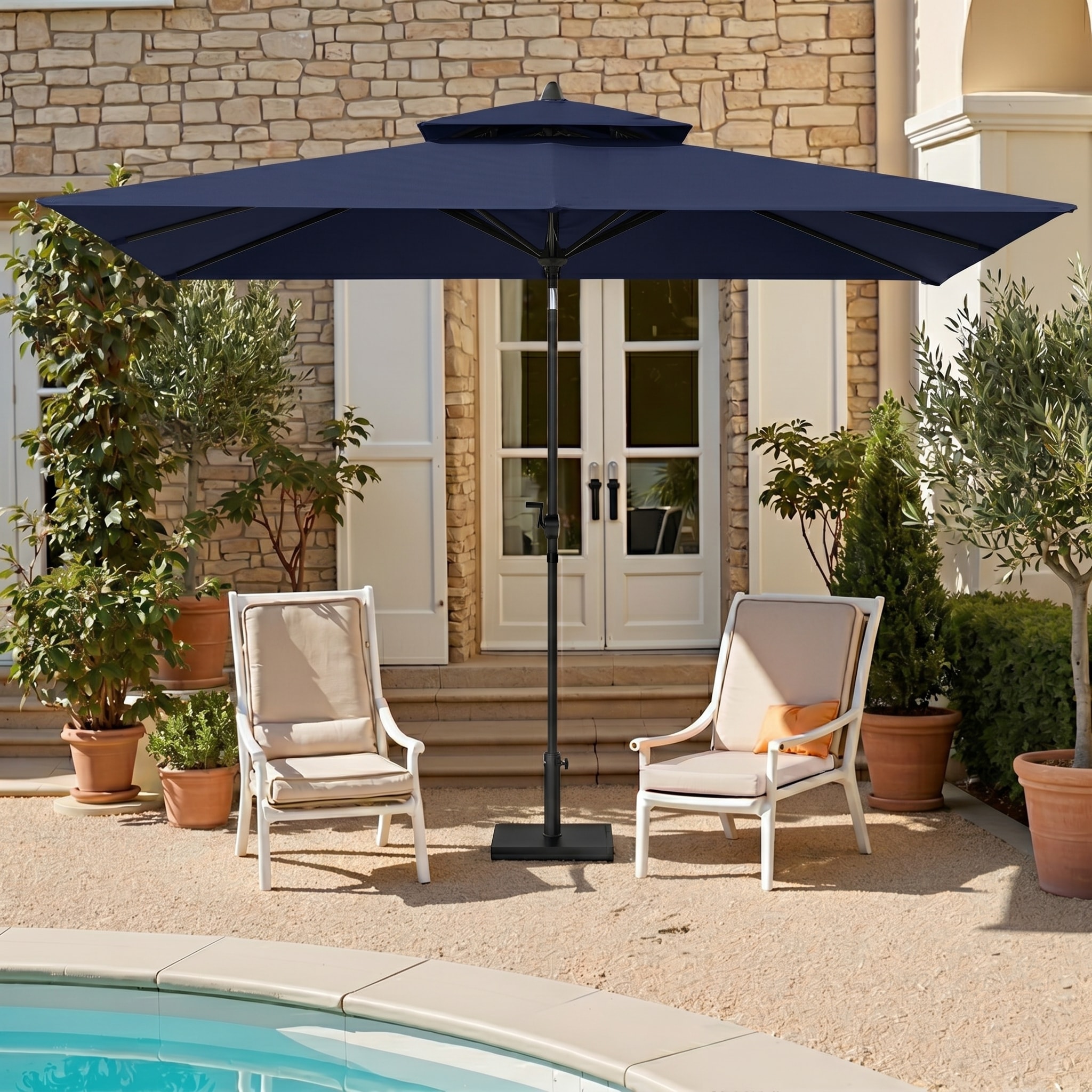 Crestlive Products - 10-ft Aluminum Blue Push-button Tilt Market Patio Umbrella with Base
