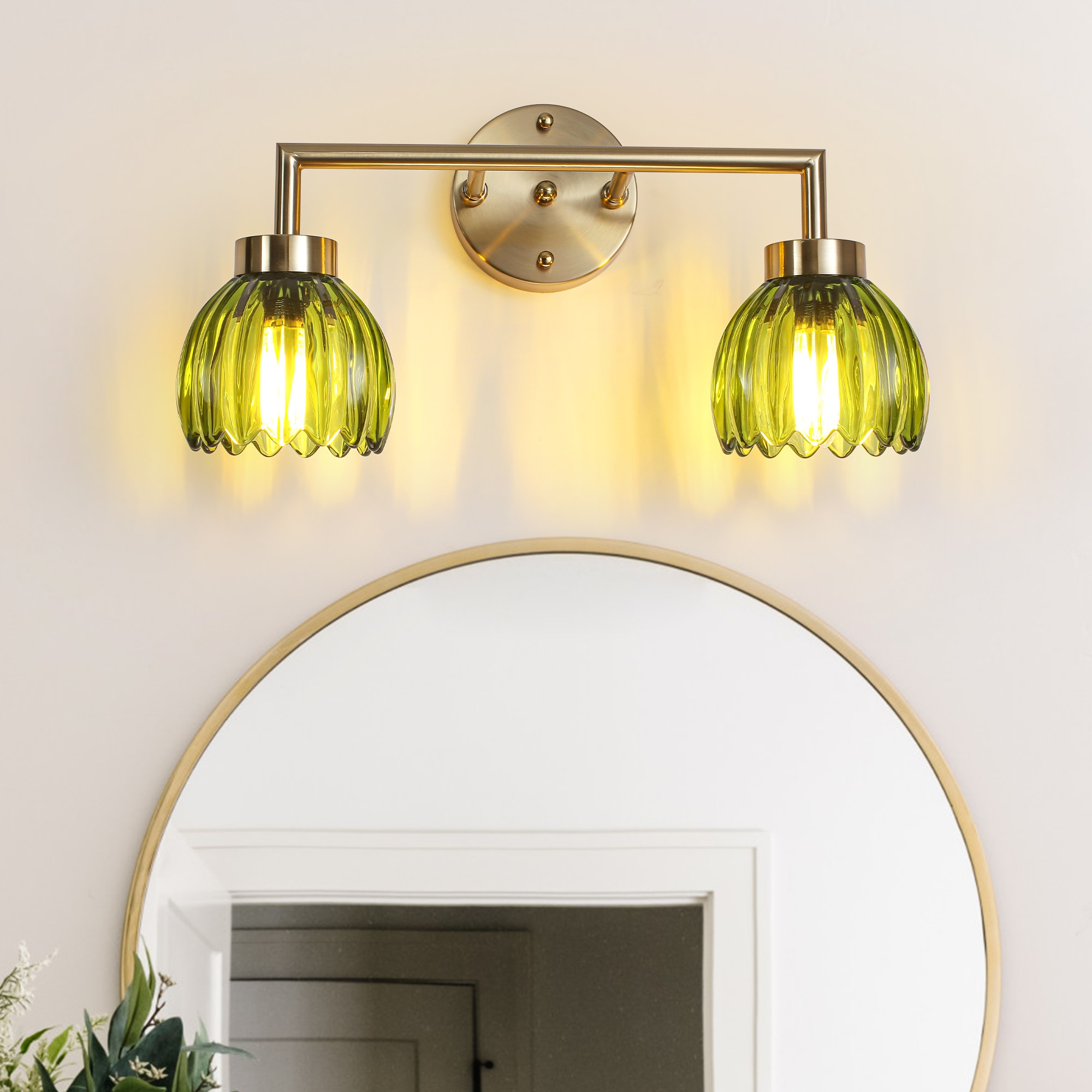 HLJYNJM Bathroom Light Fixtures 2-Light Brushed Gold Vanity Lights for Bathroom with Ribbed Green Tulip Glass Shade