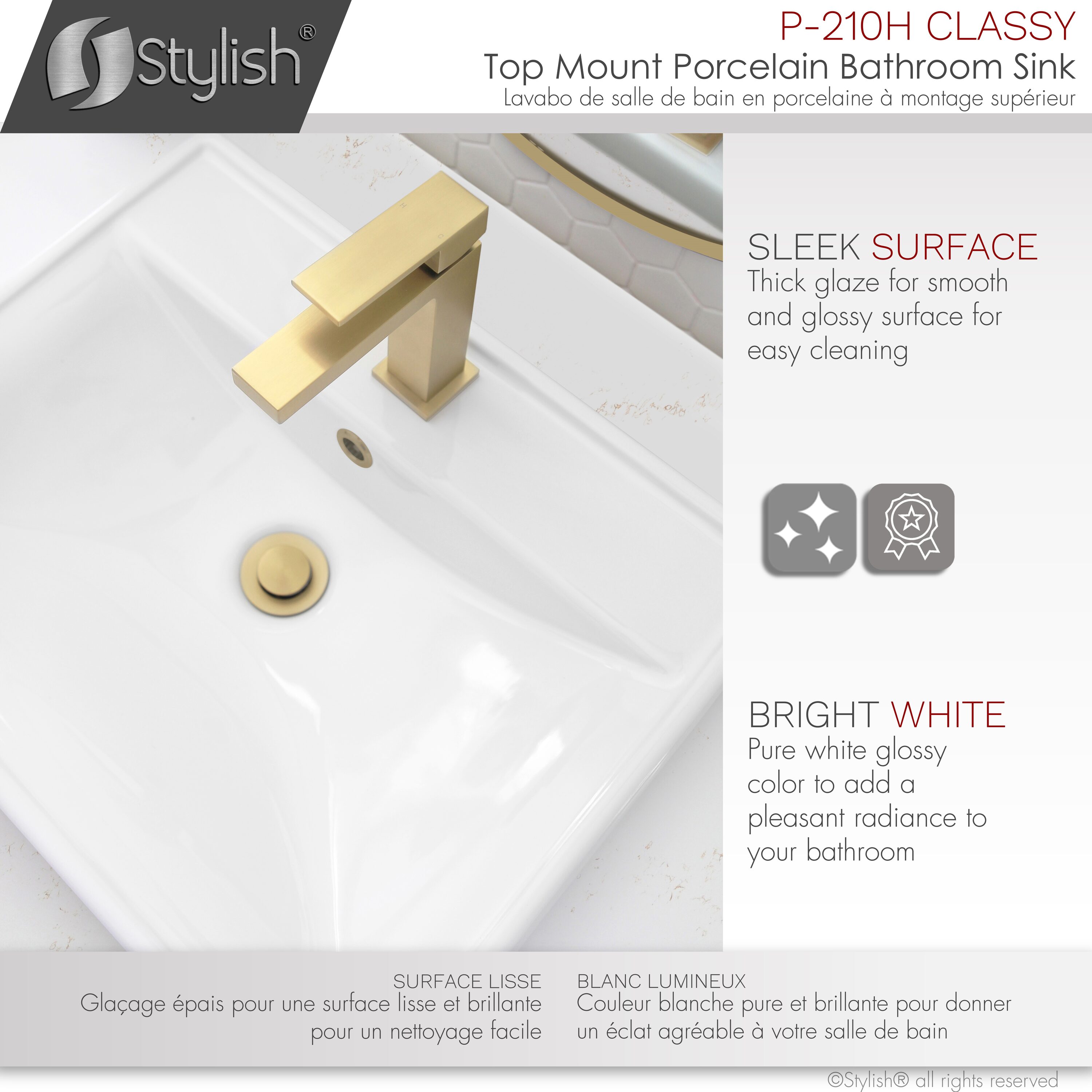 White Rectangular Ceramic Drop-In Bathroom Sink with Overflow