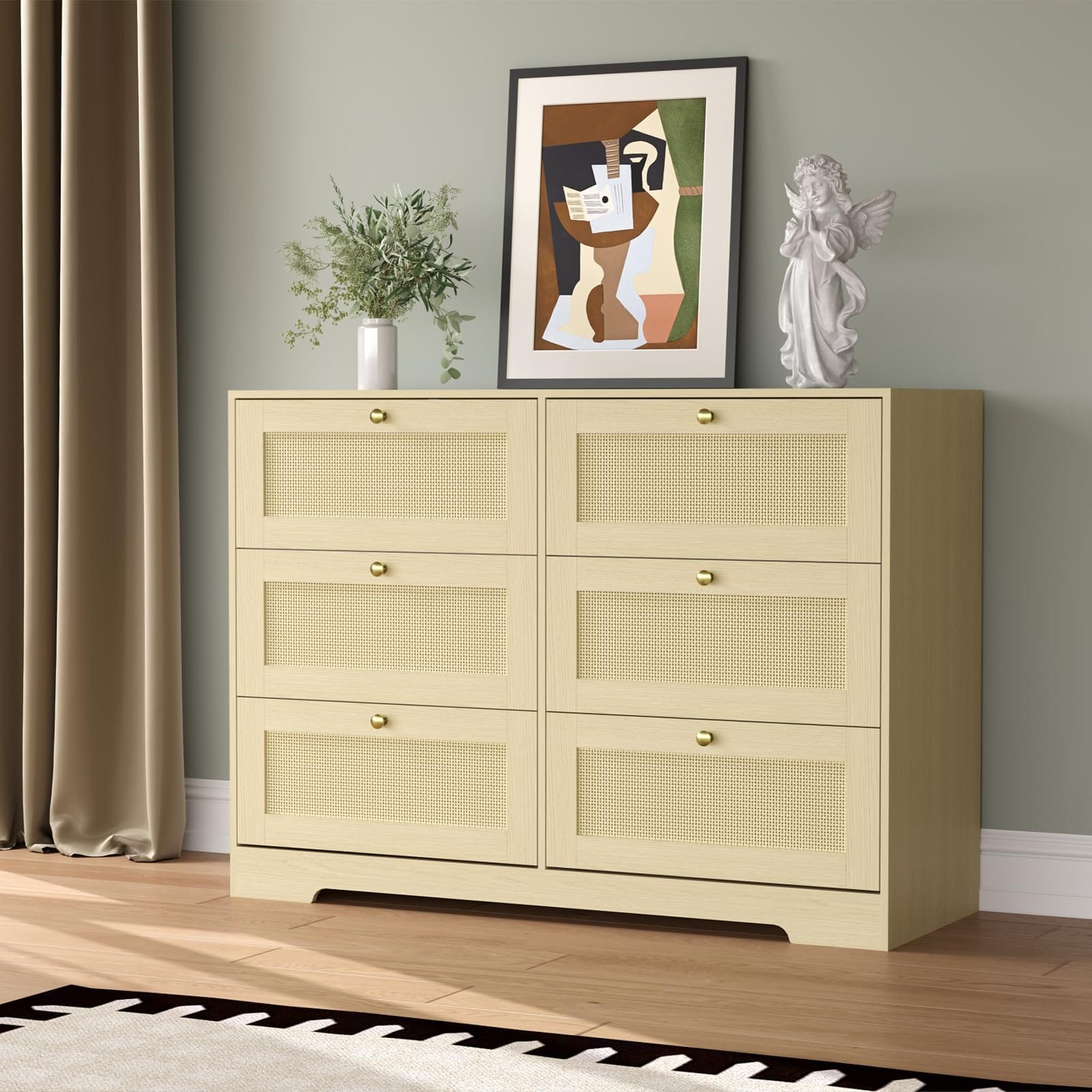 boho 6 drawer dresser GarveeLife Rattan Modern Wooden Storage Chest with Metal Handles for Bedroom Rattan texture meets real