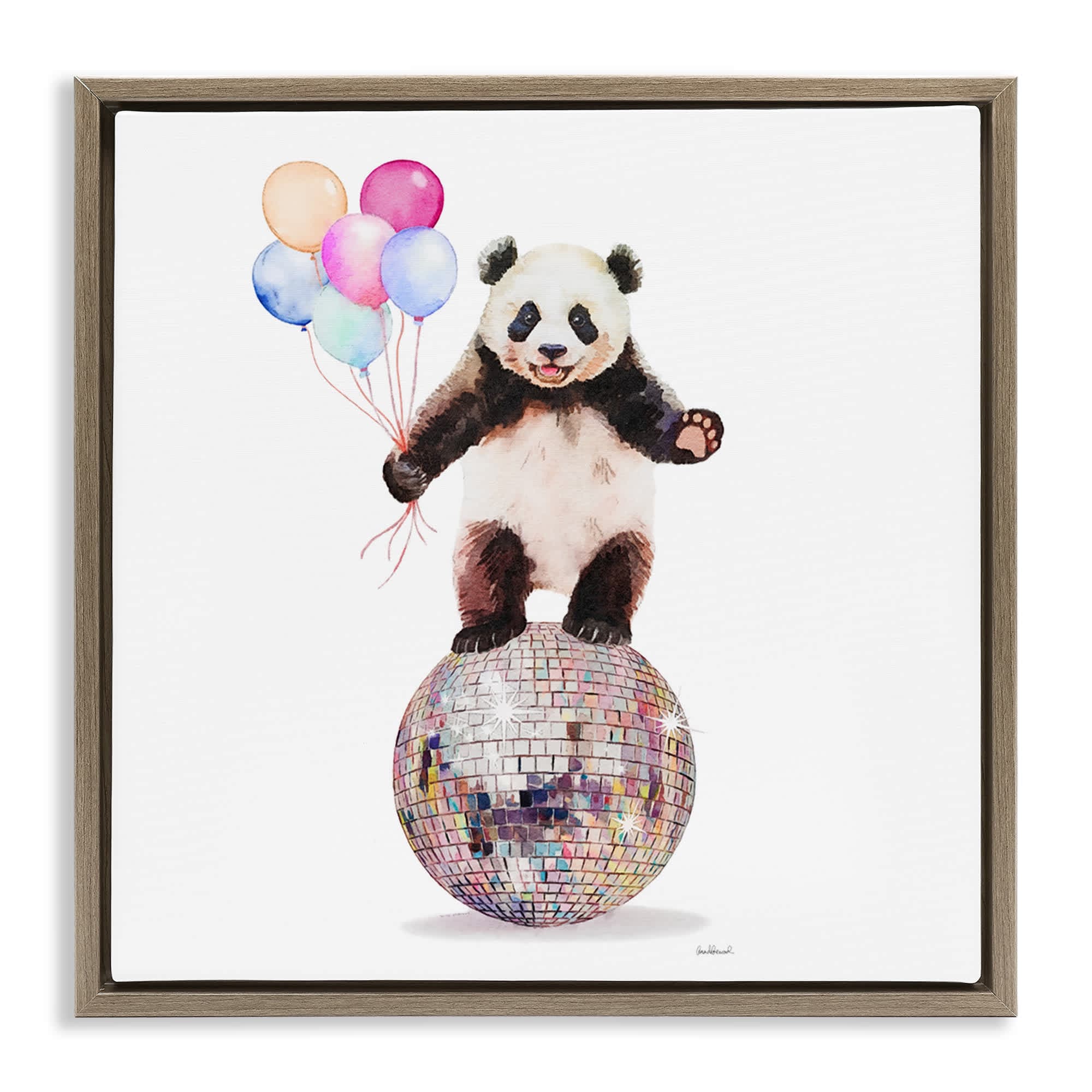 Stupell Industries BS-130-FFE-17X17 Panda and Balloons Disco Brown Framed Floater Canvas Wall Art By Amanda Greenwood 18 x 18