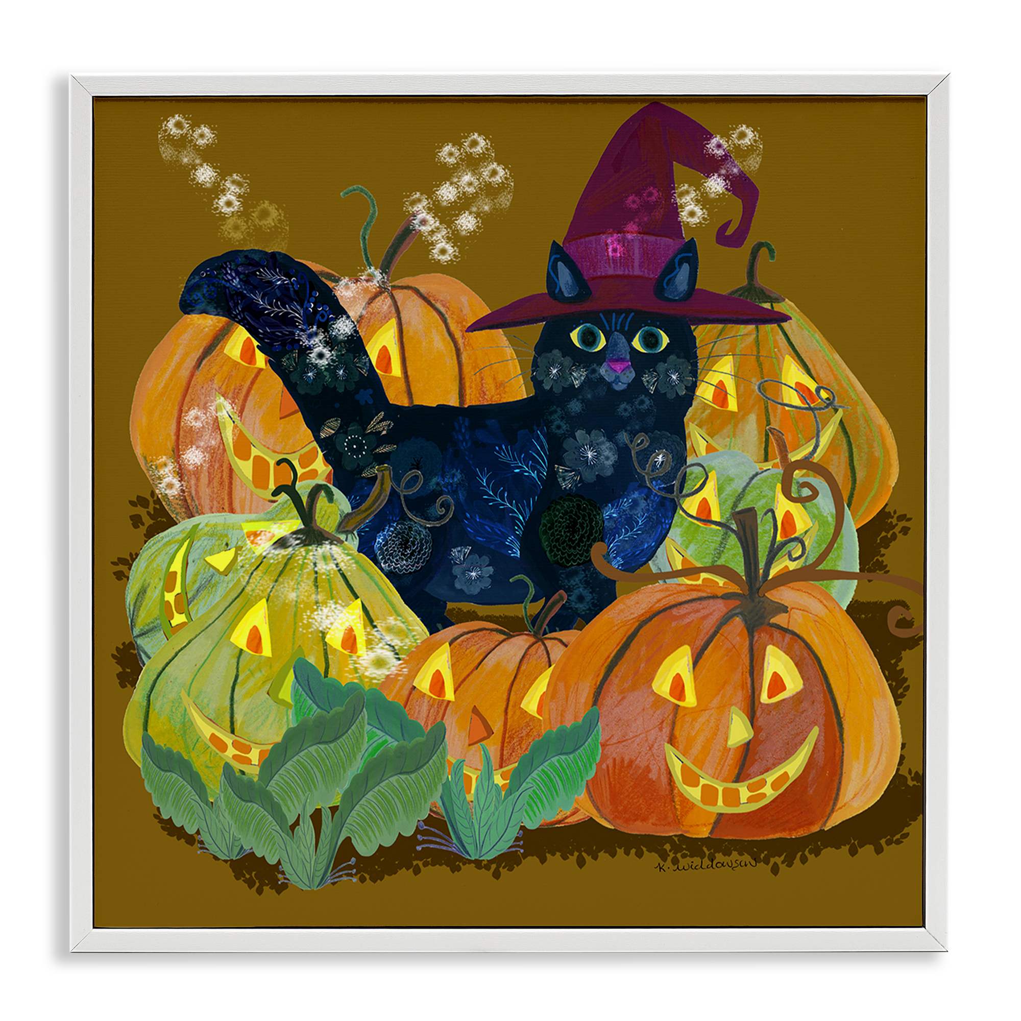 Stupell Industries BS-592-WFR-24X24 Cat with Jack-o-Lanterns White Framed Giclee Art By Kay Widdowson 24 x 24