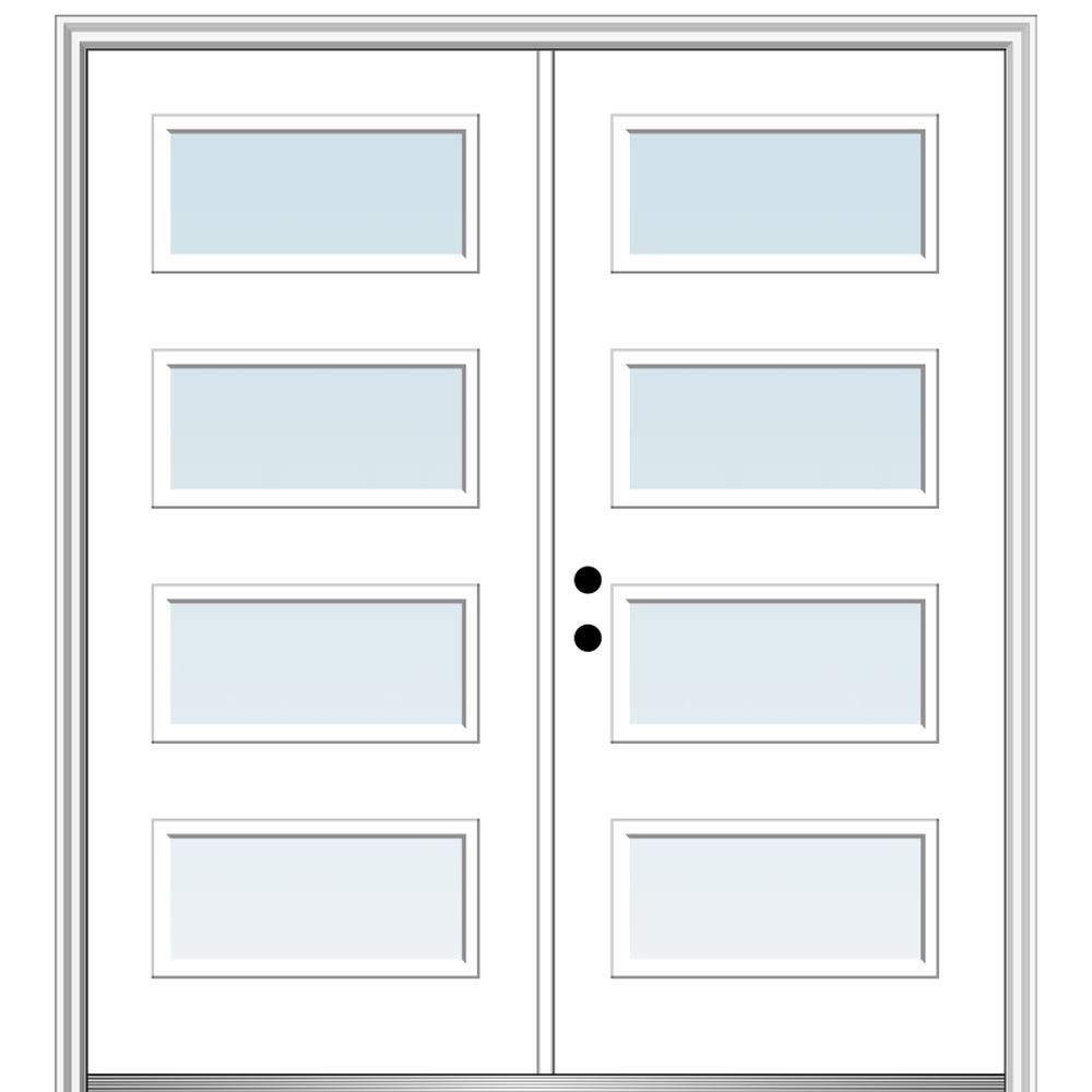 MMI DOOR ZZ348313R Spotlights 72-in x 80-in x 6-9/16-in Fiberglass Pulse lite Right-hand inswing Brilliant White Painted Prehung Double Front Door with Brickmould Insulating core