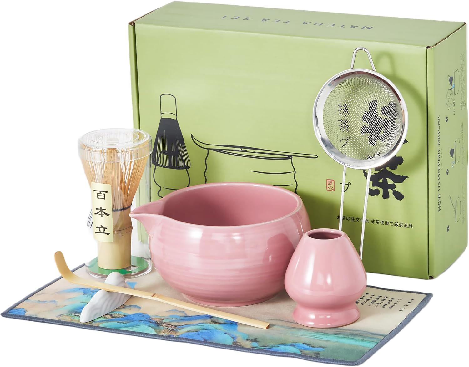 GAOMON Matcha Making Kit 8 Piece Set with Ceramic Bowl  Whisk Scoop Sifter Accessories Pink