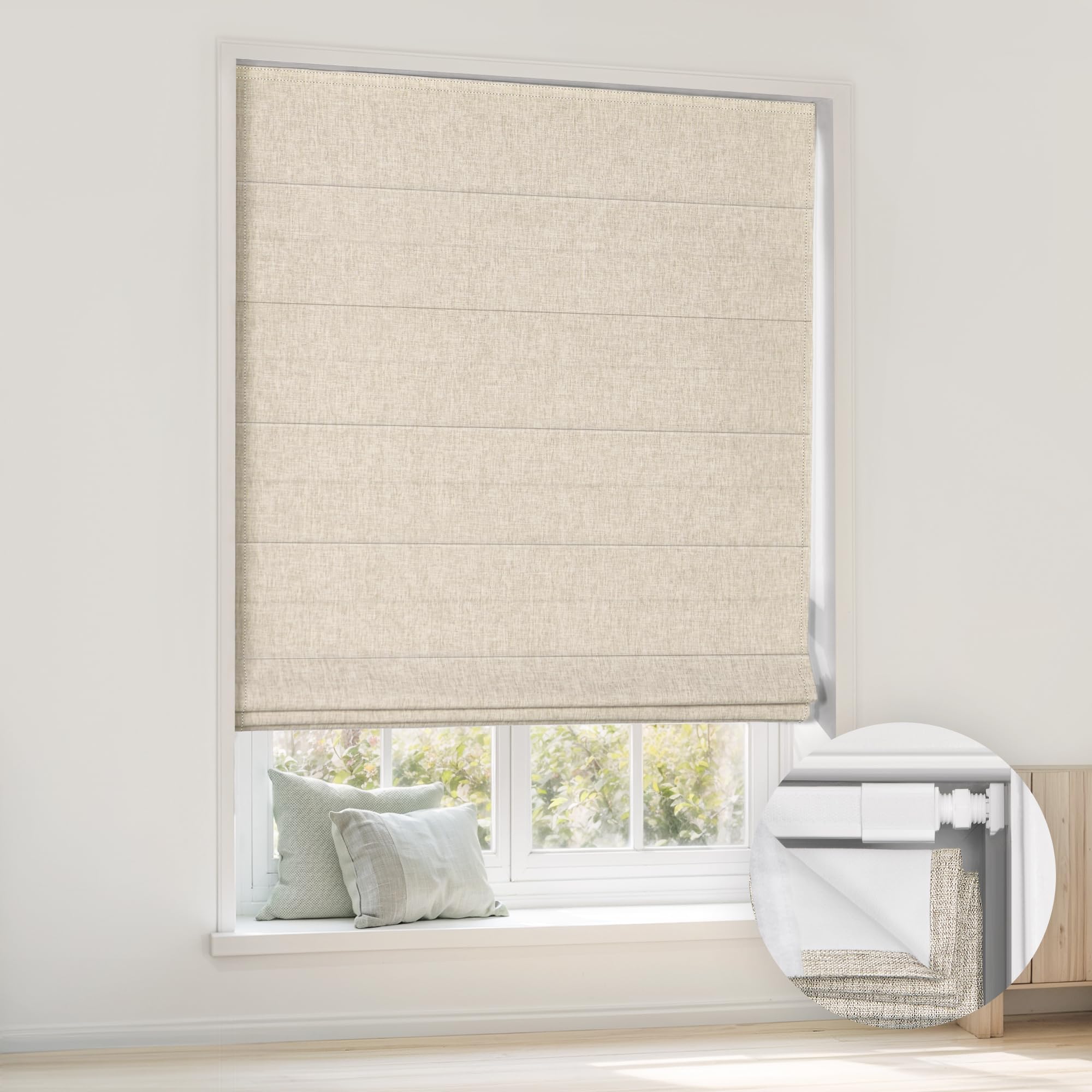 KHKFY  Cordless Roman Shade 30 Inch Wide 48 Inch High Beige Blackout Linen Fabric No Drill Easy Install Inside Mount Only Adjustable Window Blind