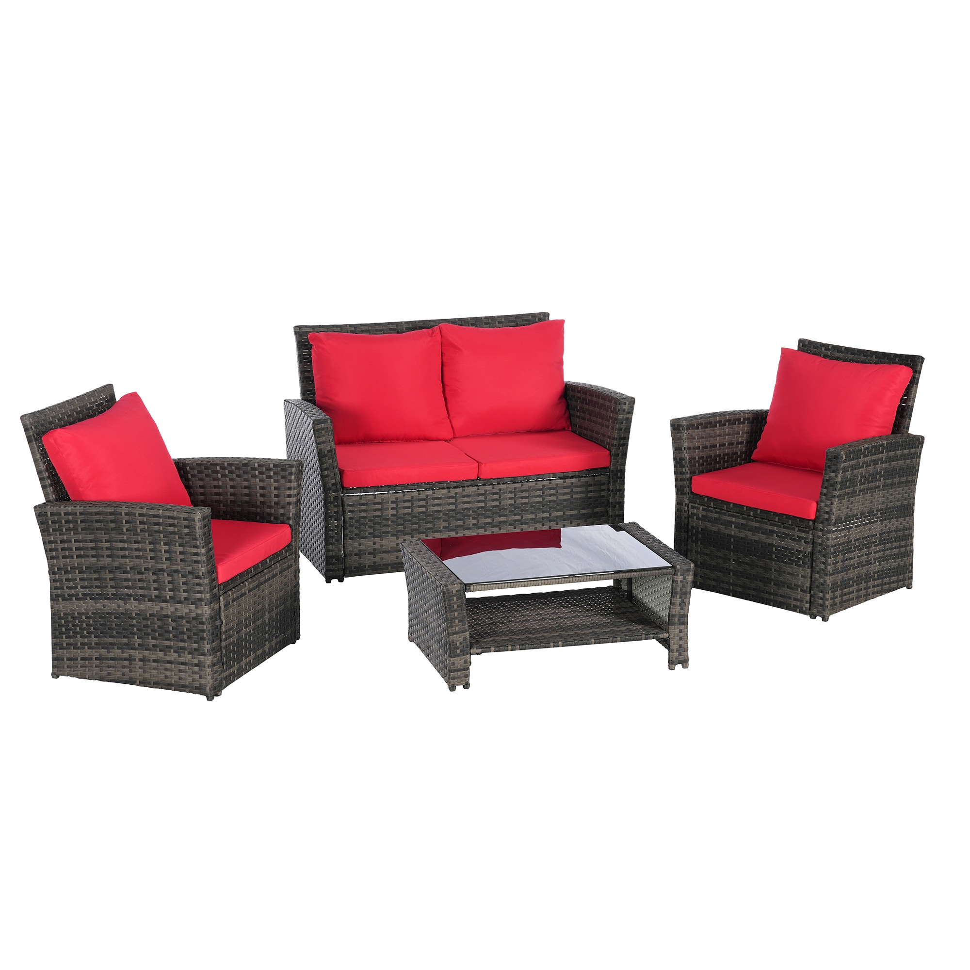 SINOFURN SYB670027RD 4 -Piece Wicker Patio Conversation Set with Red Cushions