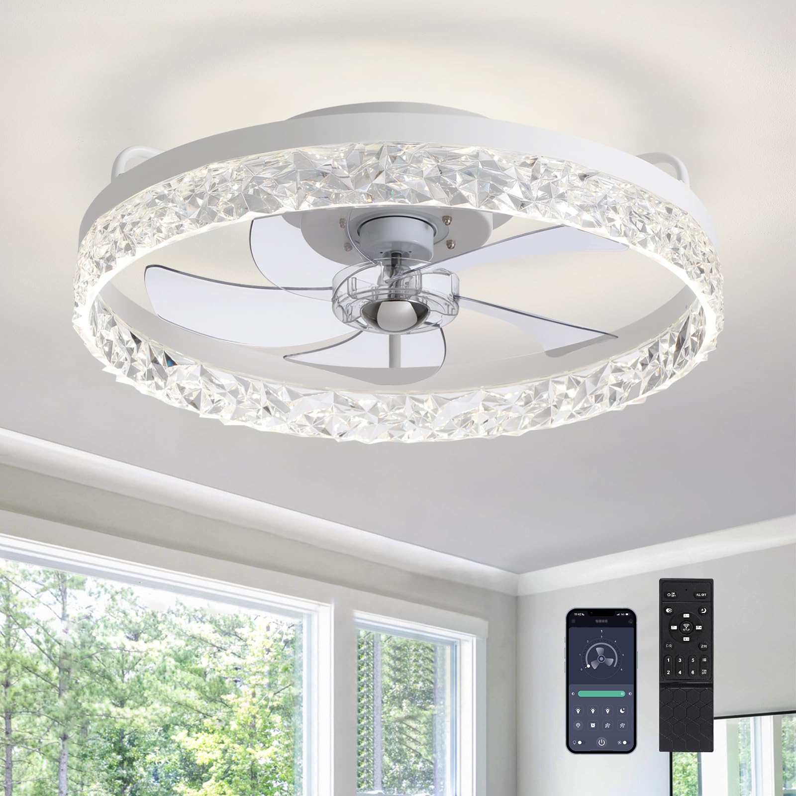 SILJOY CFL-1102-02 Flush mount Ceiling Fan with Light and Remote Control Include