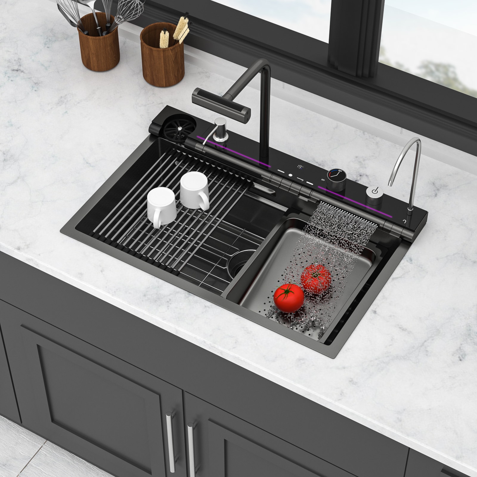 Lirago - 30 in Gunmetal Black Kitchen Sink Waterfall Sink 30 x 19 x 9 inch Multifunction Single B...
