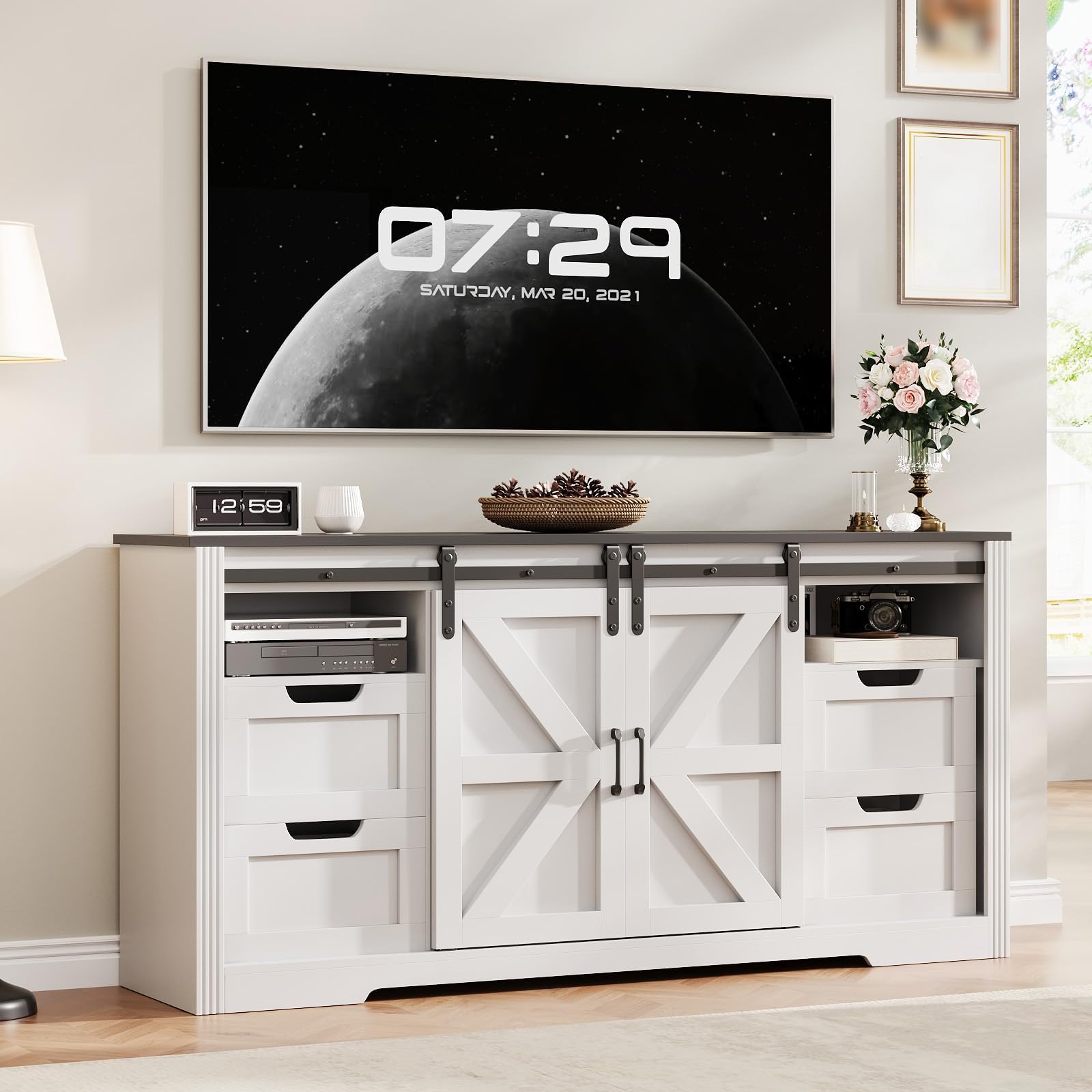 IdealHouse Farmhouse TV Stand for Up to 65 Inch TVs Rustic TV Cabinet with Sliding Barn Doors 4 Drawers and Adjustable Shelf Entertainment Center for