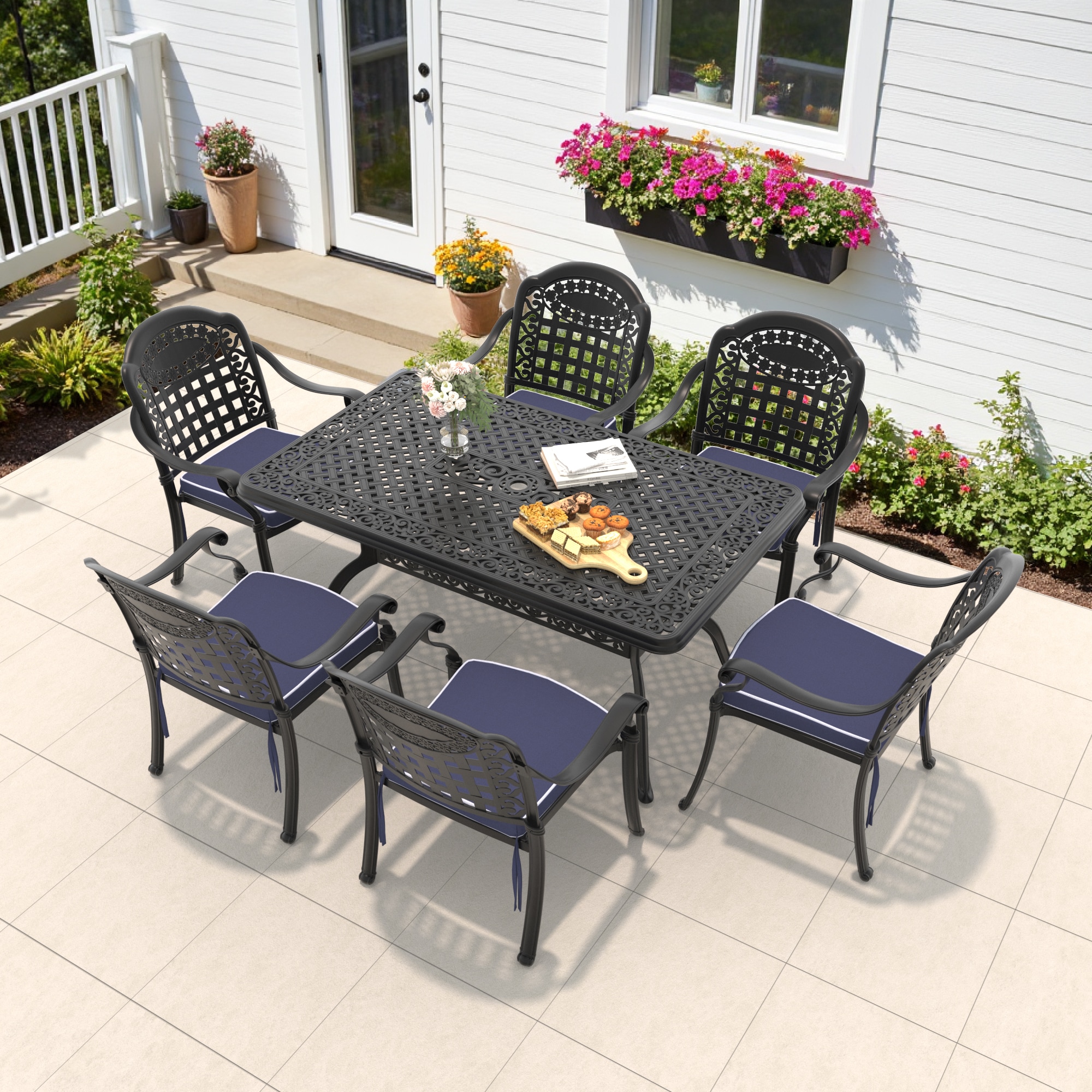 nicesure SLBK6012CZ6A1051RC 7 -Piece Black Patio Dining Set Aluminum Rectangle Table with 6 Cushions Stackable Stationary Chairs