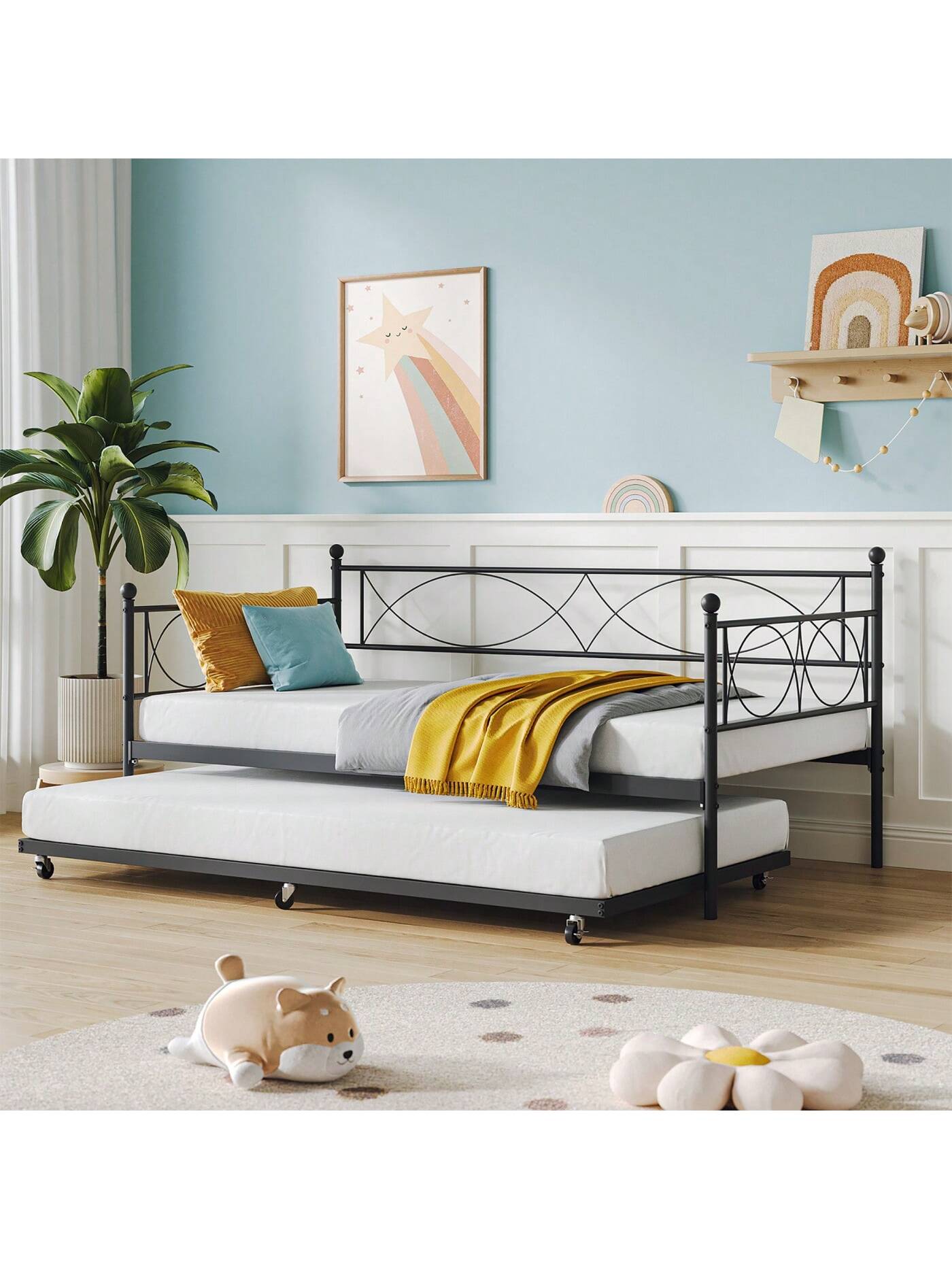 Qeetex PHO-15DLITA3-HF4 Twin Size Bed With Pull Out Trundle. Metal Twin Daybed And Trundle Set. Day Bed Sofa Bed Frame With Steel Slat Support. Multifunctional Daybed Frame For Bedroom. Living Room. Guest Room.Black/White/Pink