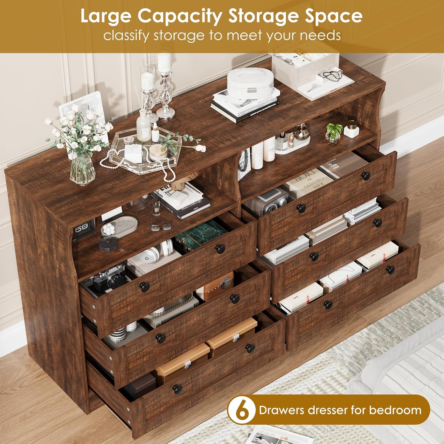 WhizMax LDYLSPHO-33JVLYEB Modern Rustic Antique Dark 6 Drawer Dresser With Power Outlet Usb Charging Ports Multi Color LED Light Scratch Resistant MDF Anti Tip Safety Spacious Storage For Bedroom Living Room Entryway