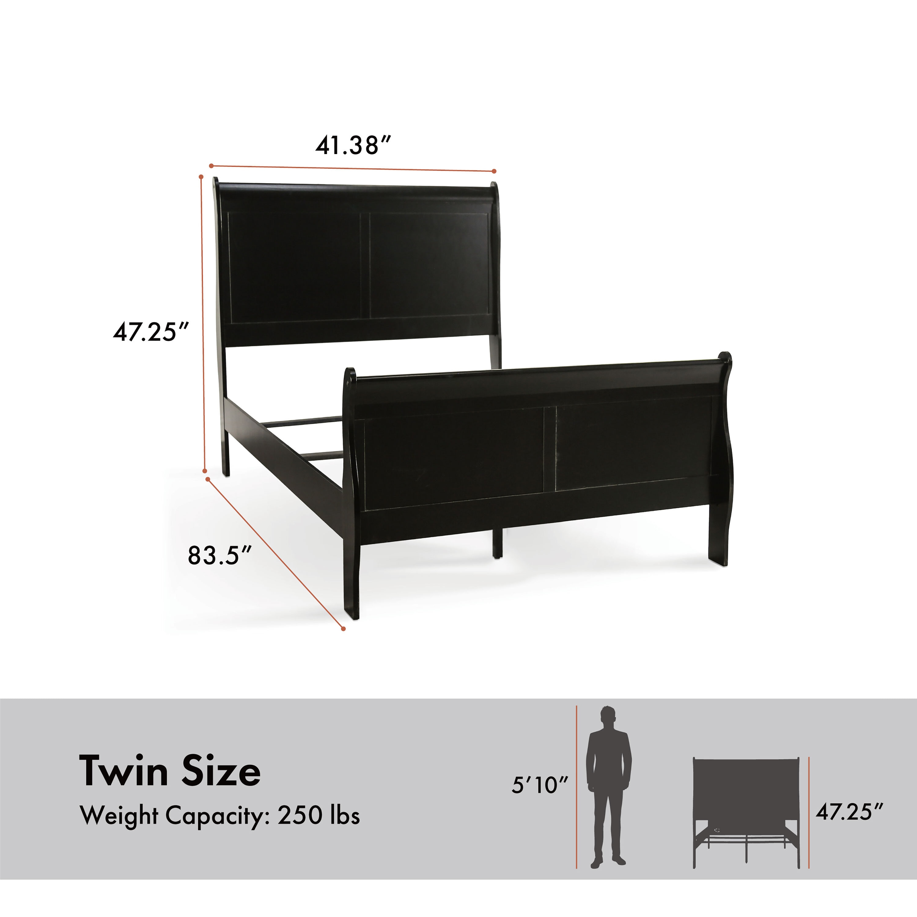 Black Twin Sleigh Bed with Wood Frame and Headboard