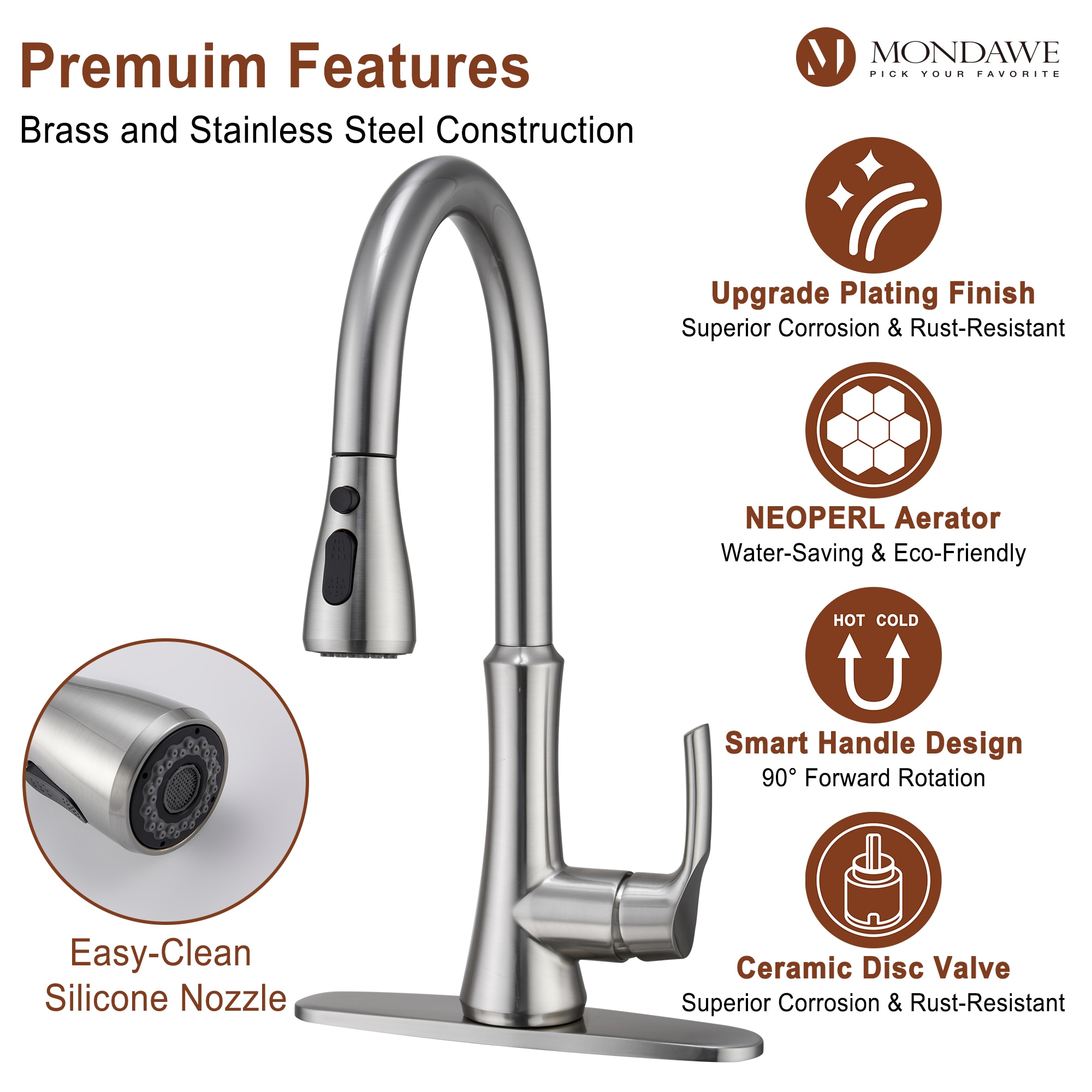 Mondawe Brushed Nickel Single Handle Pull-down Kitchen Faucet with Deck ...