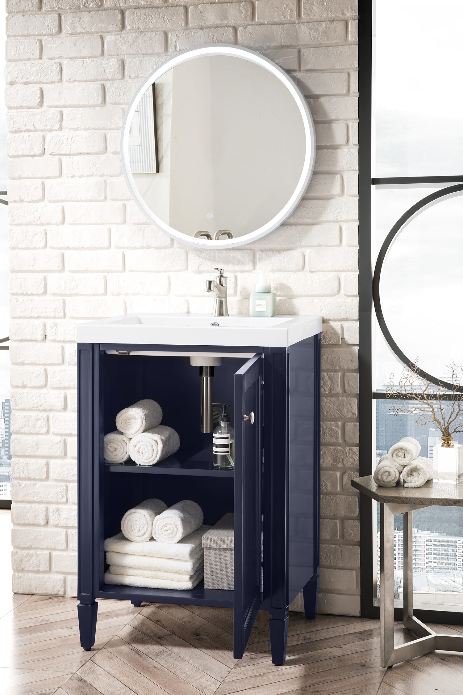 James Martin Vanities Britannia 24-in Navy Blue Single Sink Bathroom Vanity  with White Glossy Engineered Stone Top in the Bathroom Vanities with Tops  department at