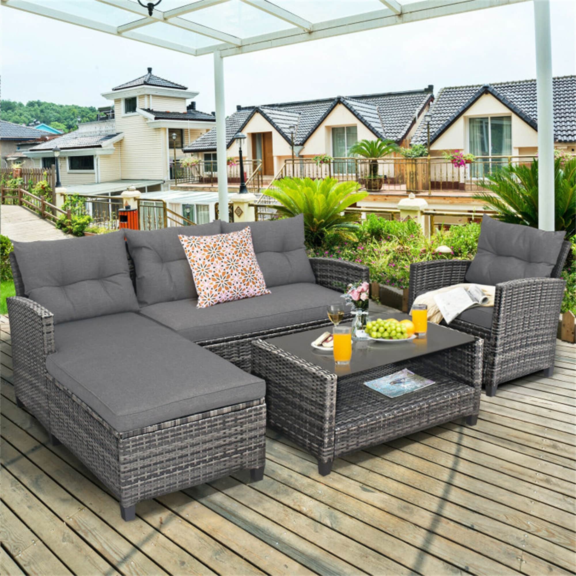 BABOOM 4 Piece Rattan Patio Sofa Conversation Set with Gray Cushions BOM 0053ORTPX at Lowes