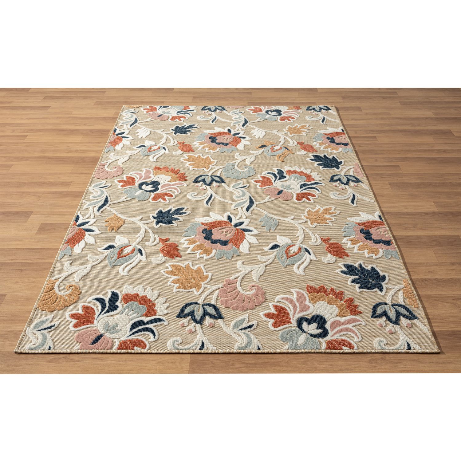 Reversible Blue Floral Filigree 5' x 7' Easy Care Rug