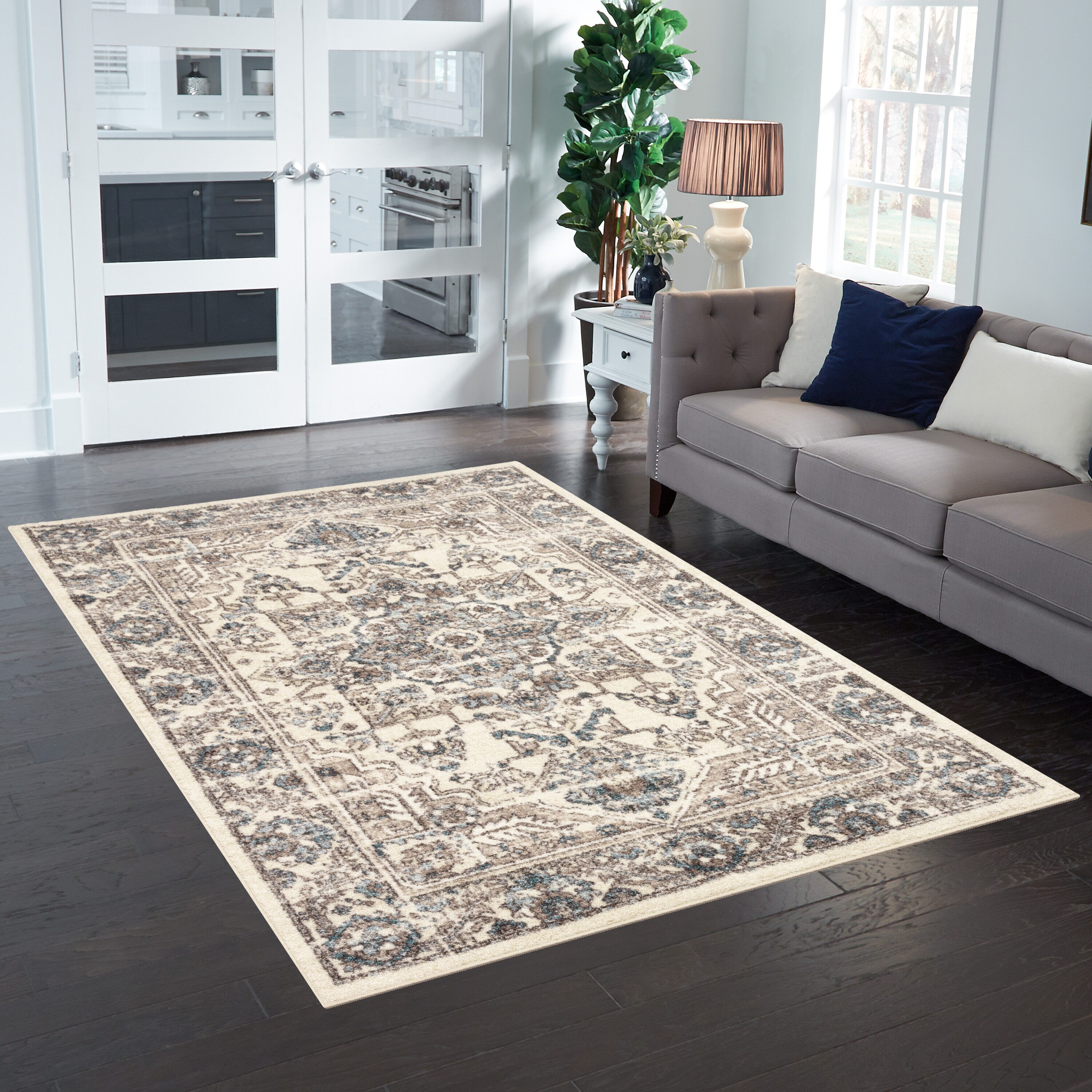 Distressed Blue and Beige Synthetic Traditional Area Rug, 5' x 7'