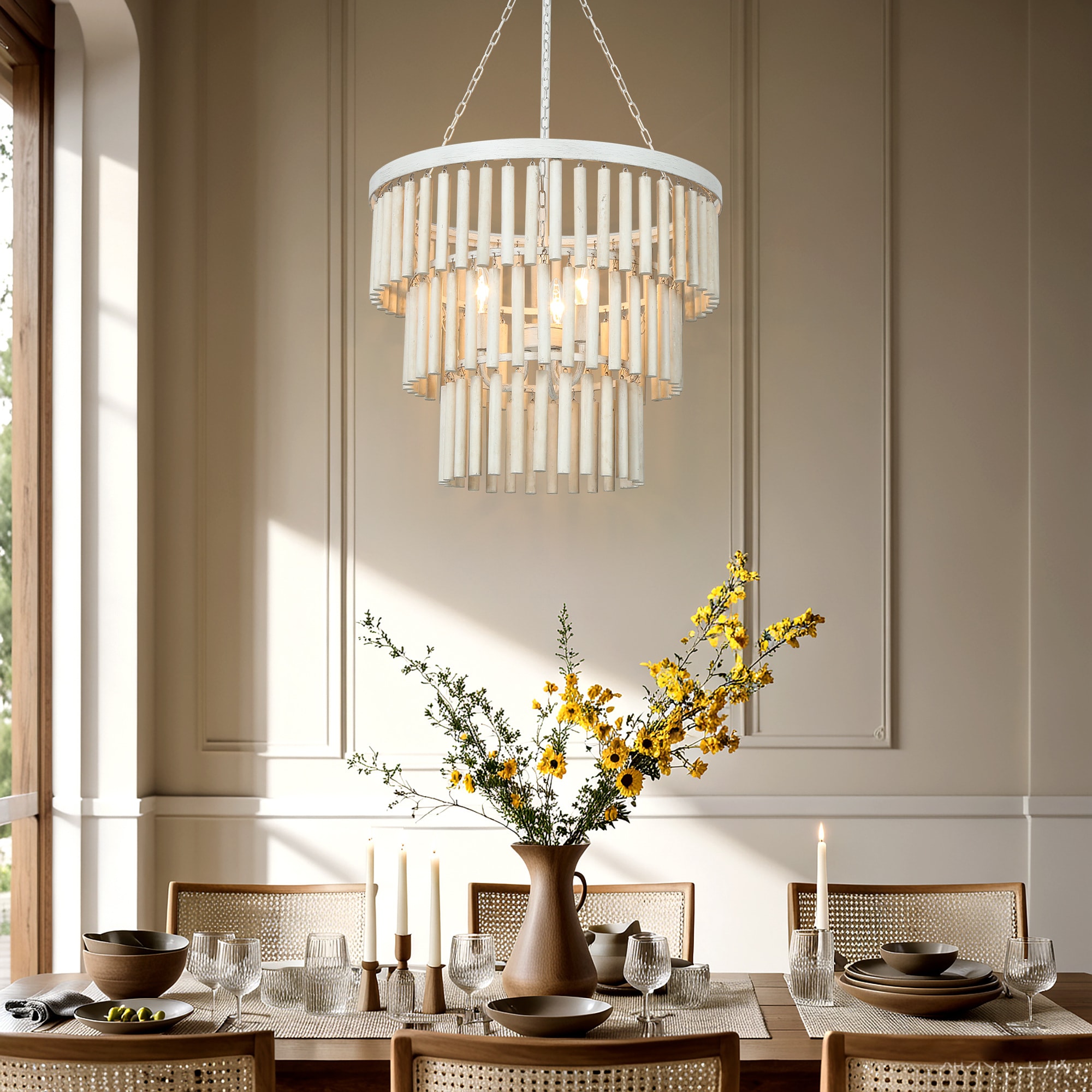 ZEVNI L33IZUZUW4929SY8 Fortuno 3 -Light Brushed White Bohemian/global Cage Wood For Use in Bedrooms, Dining Rooms, Foyers, Kitchens, Living Rooms Chandelier