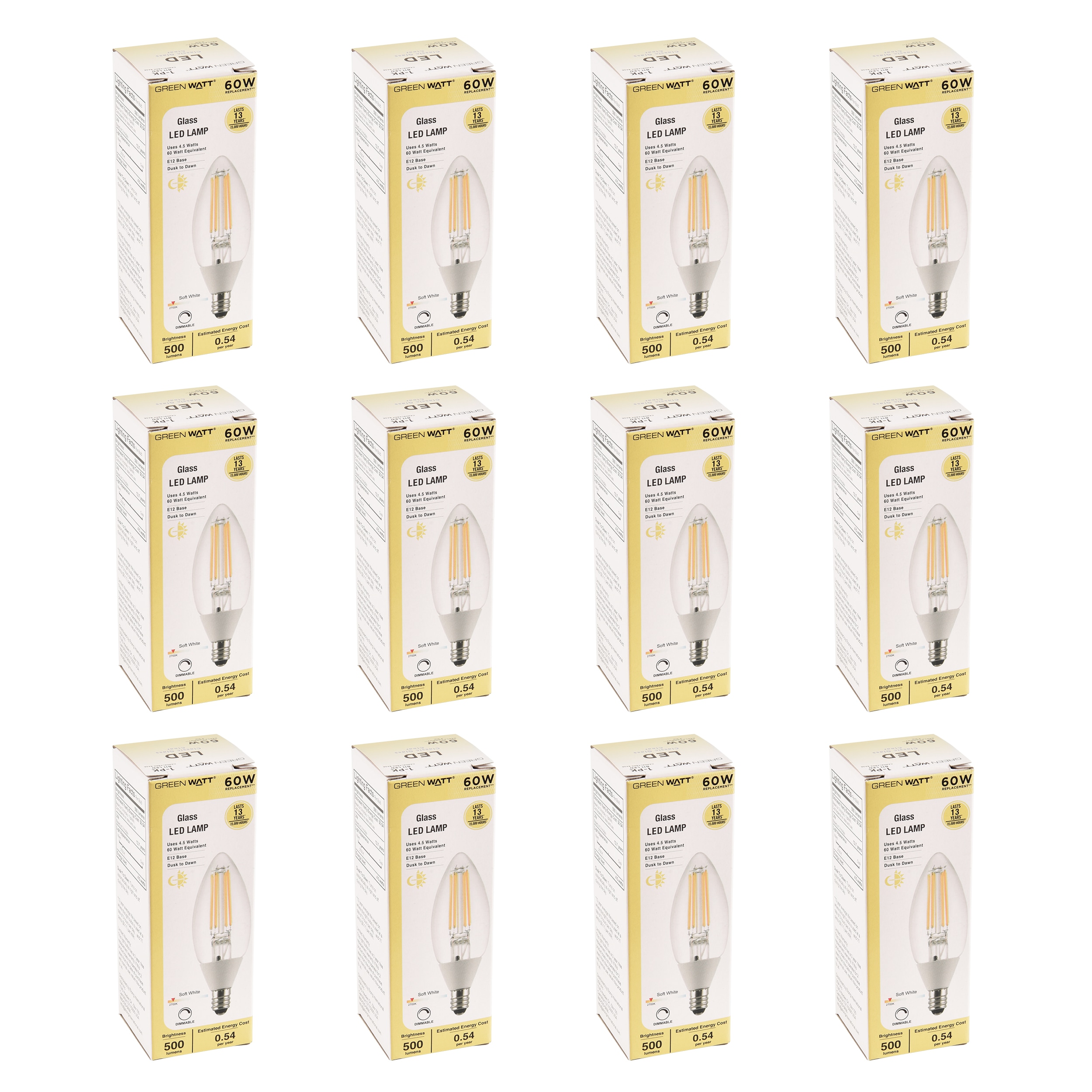 Green Watt Dusk-to-Dawn 60-Watt EQ B11 Dimmable Candelabra Screw Base E12 Decorative LED Light Bulb 12-Pack