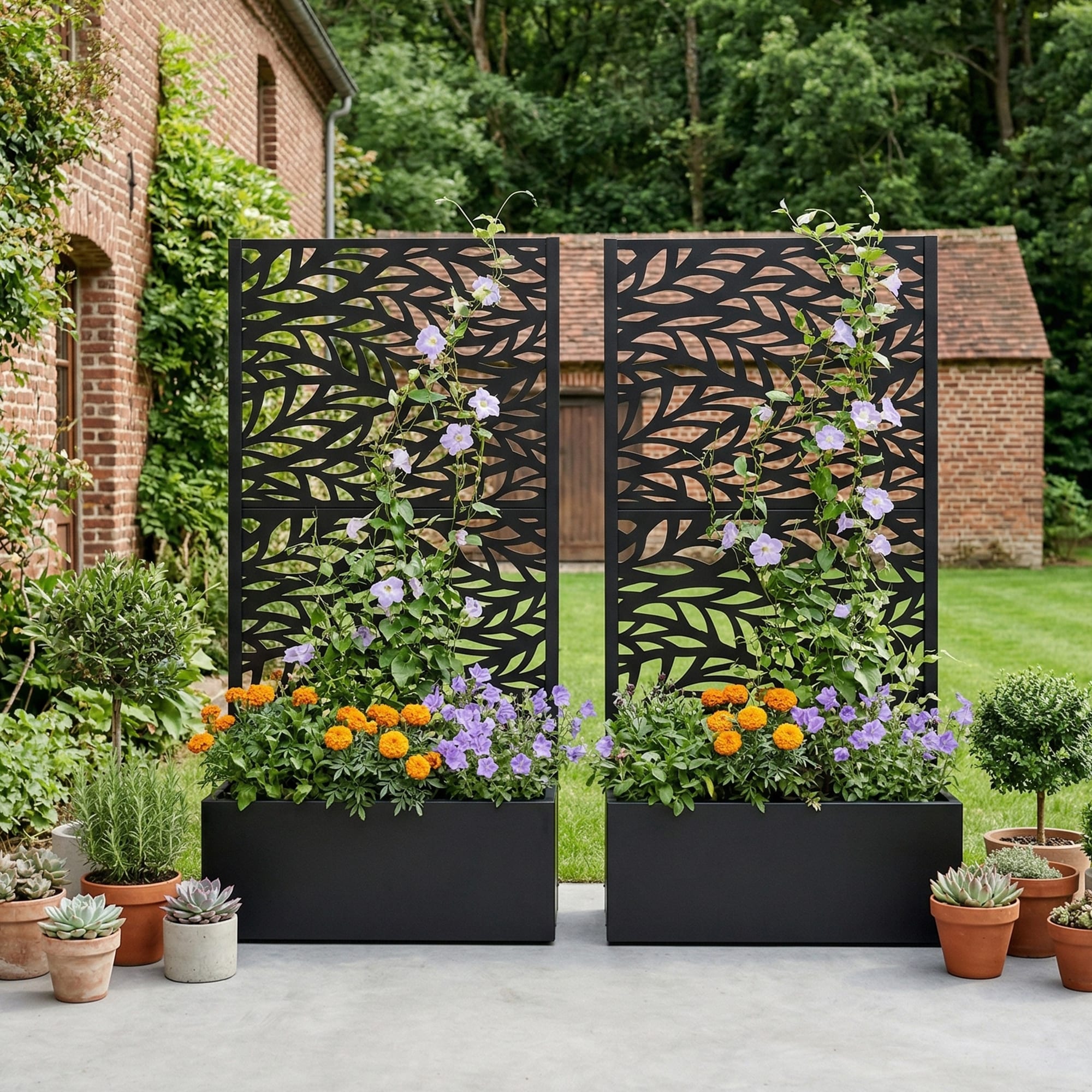 PexFix 59-in H x 30-in W Black Metal Rectangular Planter Box with Climbing Trellis Privacy Screen for Patio Garden and Balcony Decor Set of 2