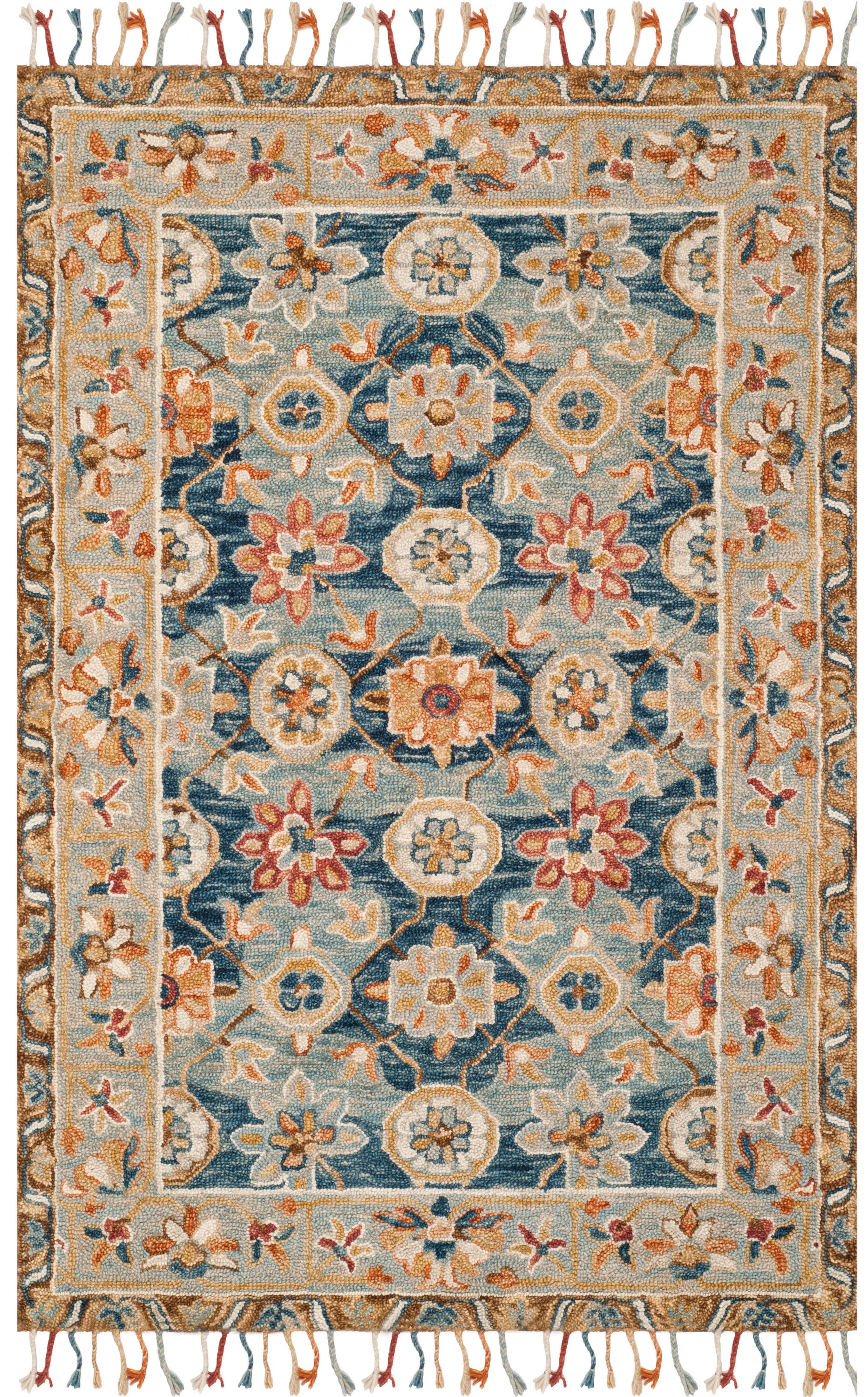 Gray and Navy Floral Handmade Wool Area Rug, 4' x 6'