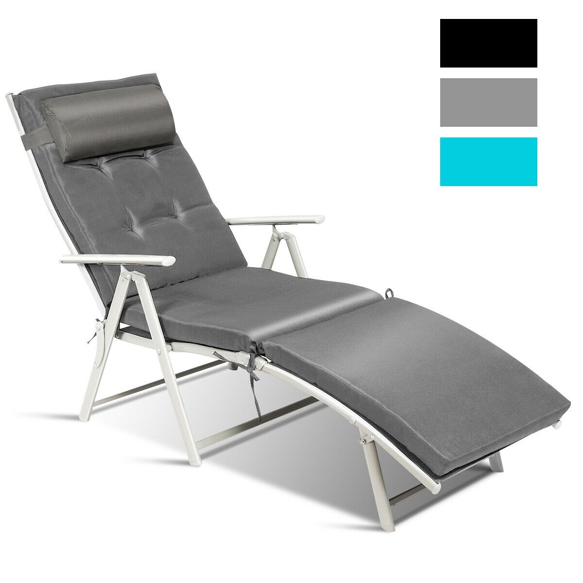 LIVIZA OUG64243GR White Metal Frame Stationary Chaise Lounge Chair with Gray Cushioned Seat
