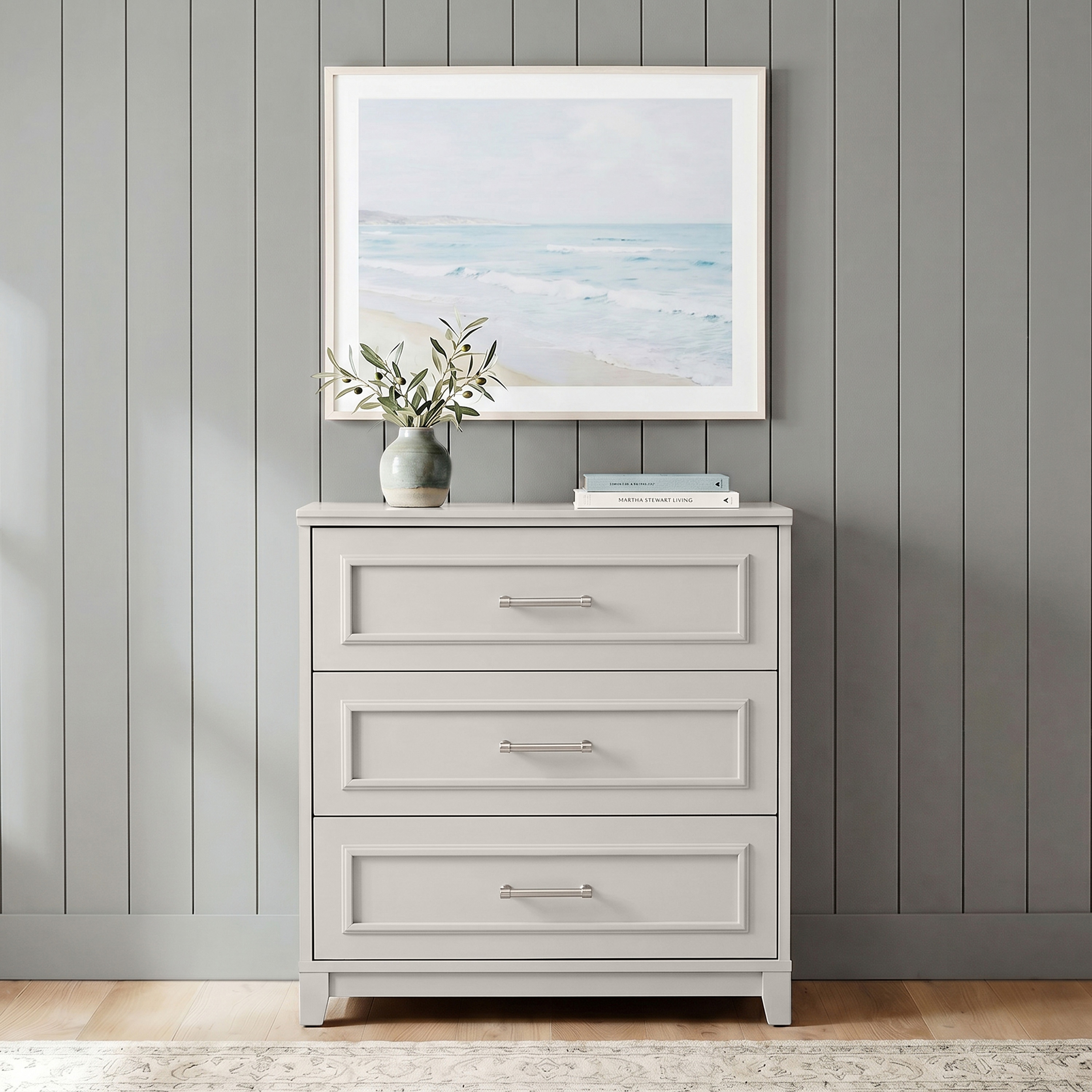 Martha Stewart - Lily Pond Modular 3-Drawer Wooden Storage Media Cabinet with Brushed Stainless S...