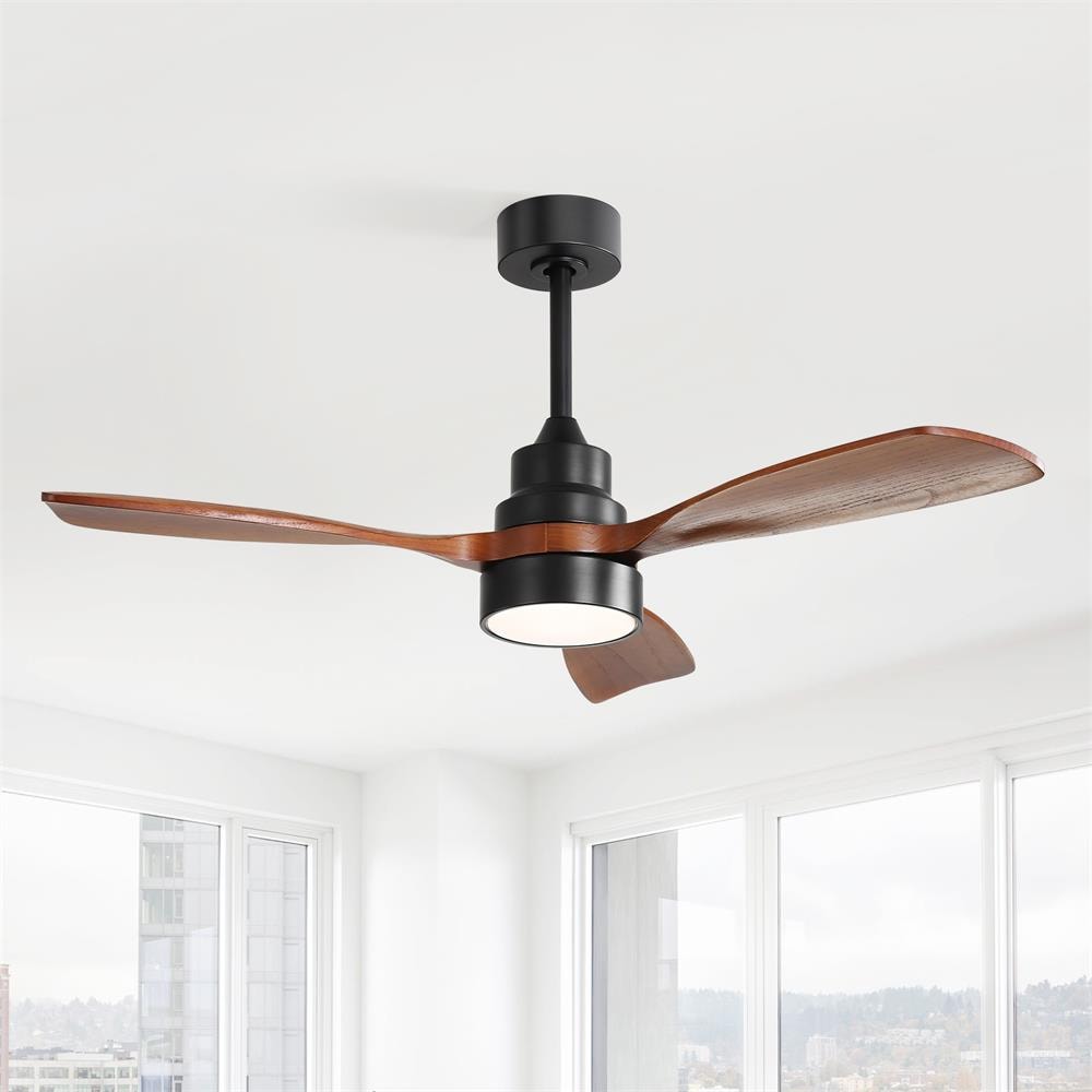 Sofucor LW-48K006-BK-DC-HTM 48 inch Black Downrod Indoor Walnut Wood 3 Blades Modern LED Ceiling Fan Light with Remote Control Support Six Speed Ajustable