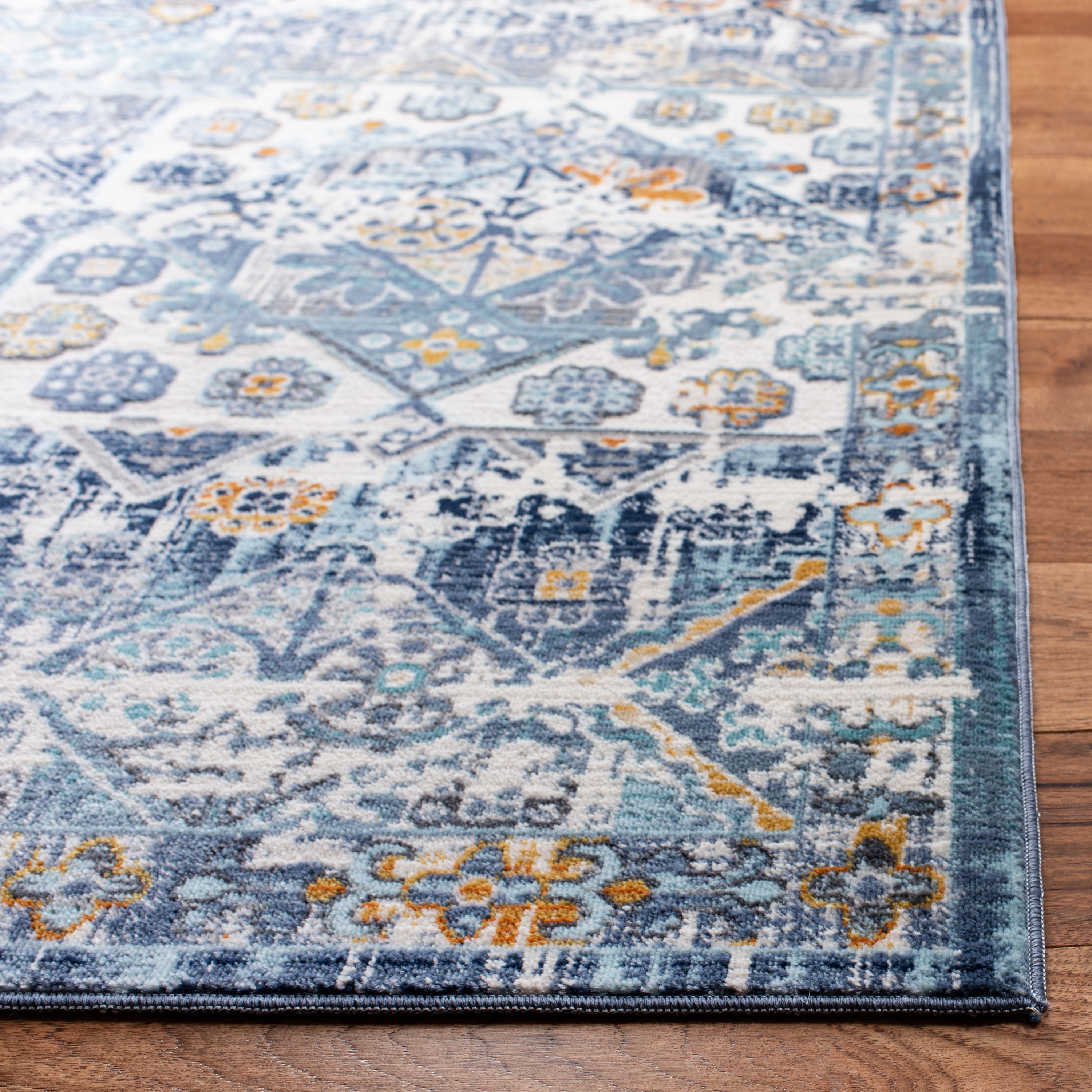 Ivory and Navy Floral Geometric Wool Area Rug