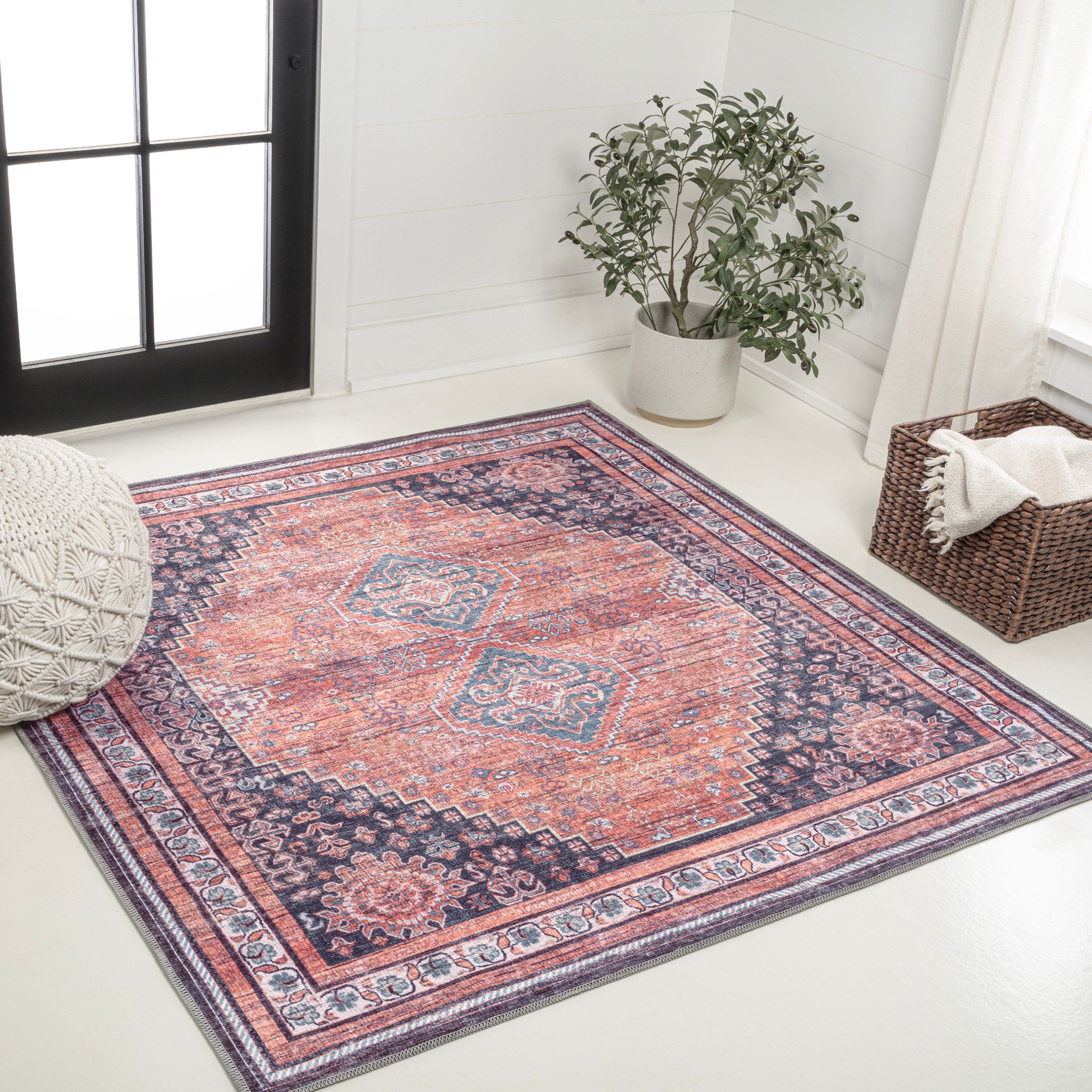 JONATHAN  Y WSH101A-5SQ WASHABLE Dalyan Geometric 5 x 5 (ft) Loomed Polypropylene Terracotta/Navy Square Indoor Medallion Bohemian/Eclectic Machine washable Area rug