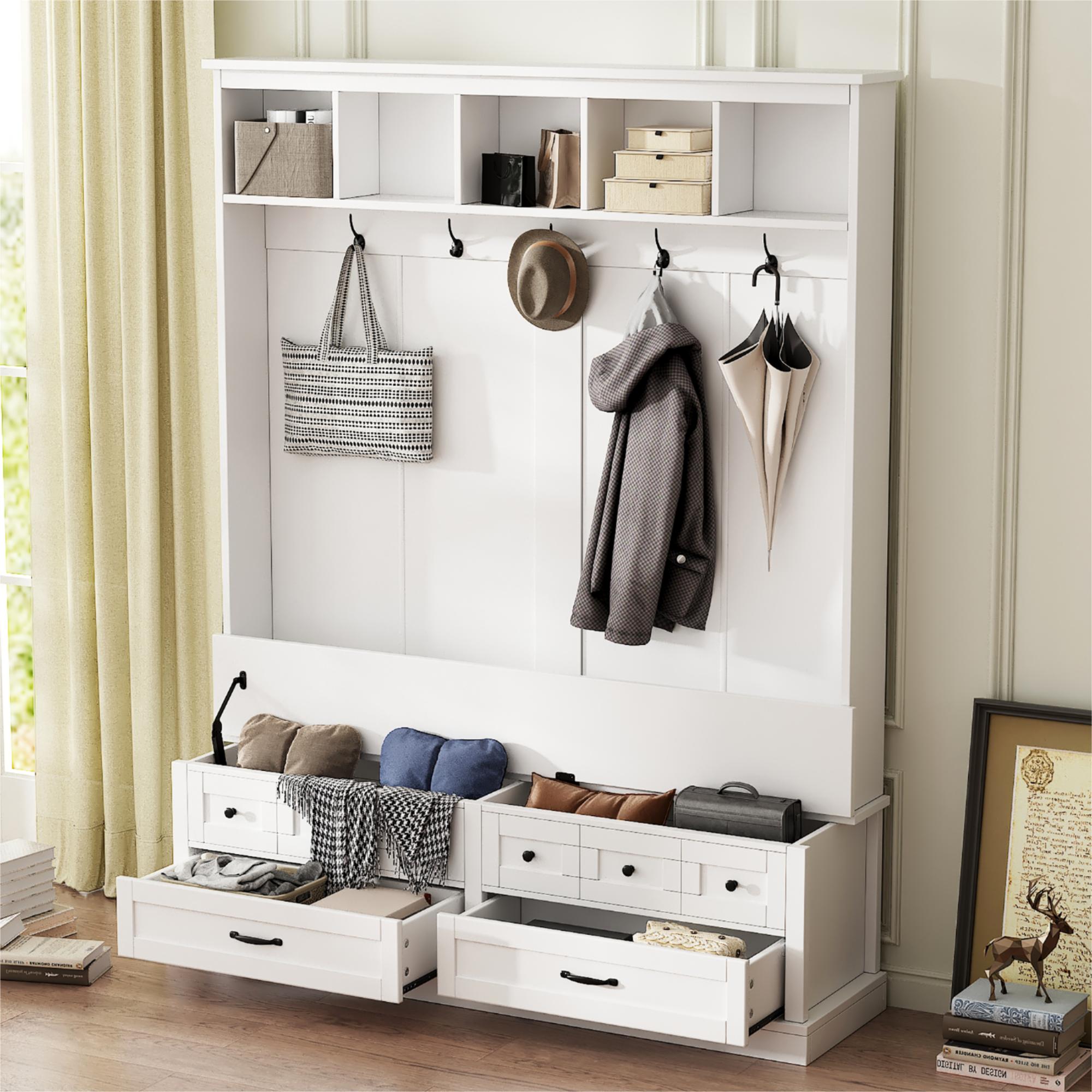 ModernLuxe N721P234409K Elegant Wide Hall Tree with 5 HooksVersatile Entryway Lift Top Storage Bench with 2 DrawersRetro Wooden 3in1 Coat Rack with Black Handles for MudroomLiving RoomWhite