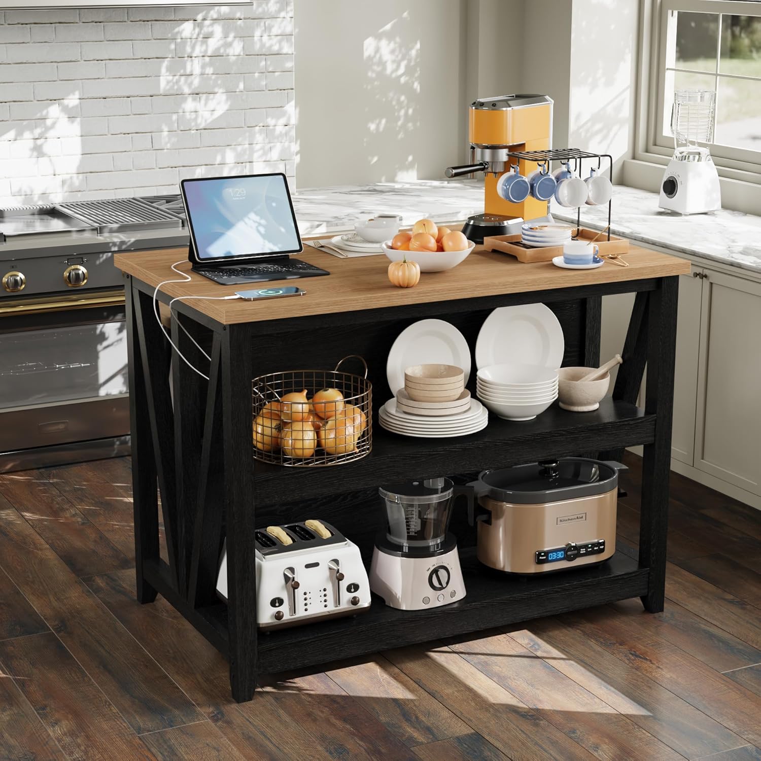 Qeetex DHZ-PHO-334UW4FH Large Kitchen Island with Storage Dining Table Set with Power Outlet and LED Lights 47.2 inch Coffee Bar Table with 3 Tier Microwave Stand Oven Shelf for Dining Room Living Room Black
