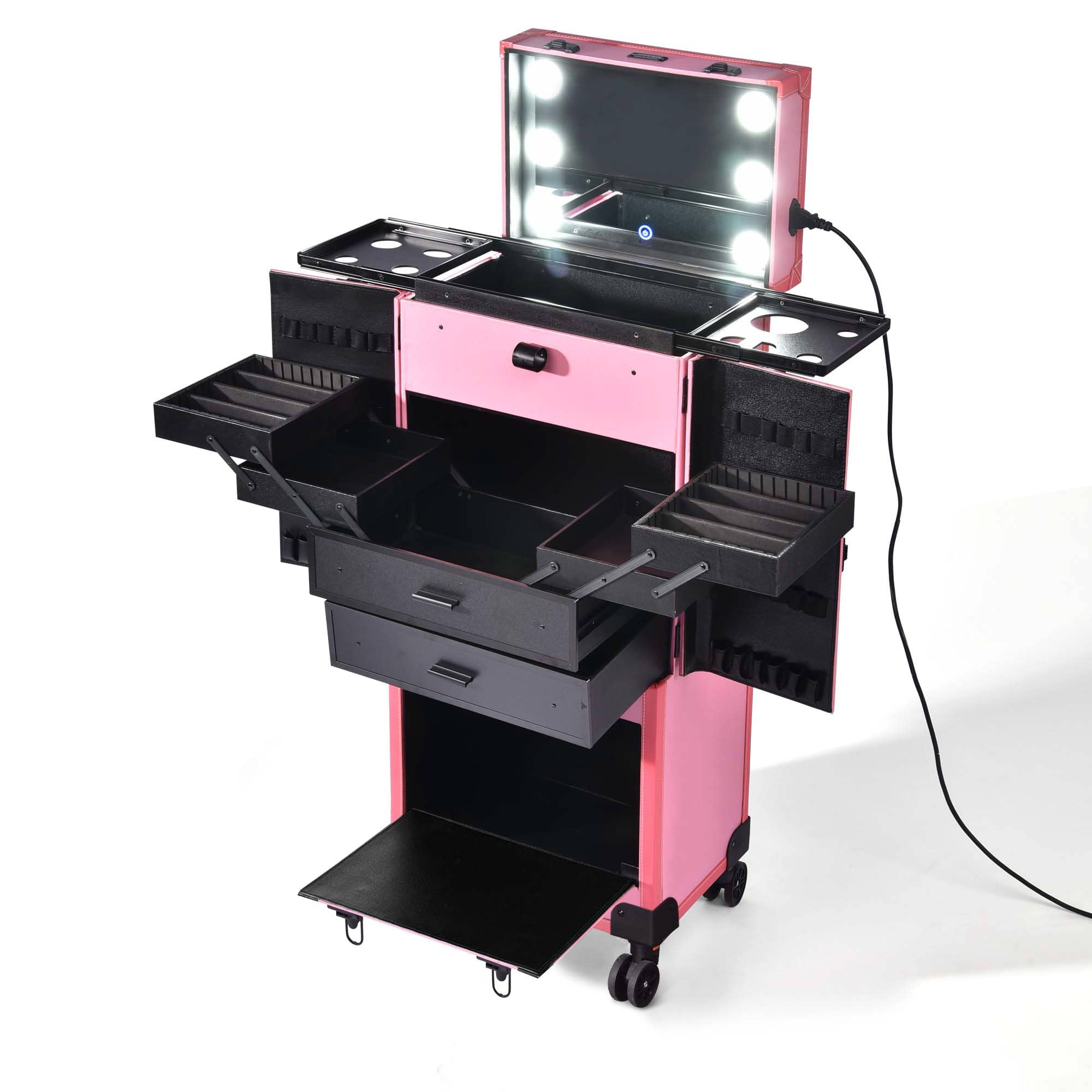 Yescom 12MKC023-LEDLIT-LO Byootique Pink Rolling Makeup Case on Wheels Pro Cosmetic Artist Hair Stylist Barber Trolley Multifunction Lighted Lockable