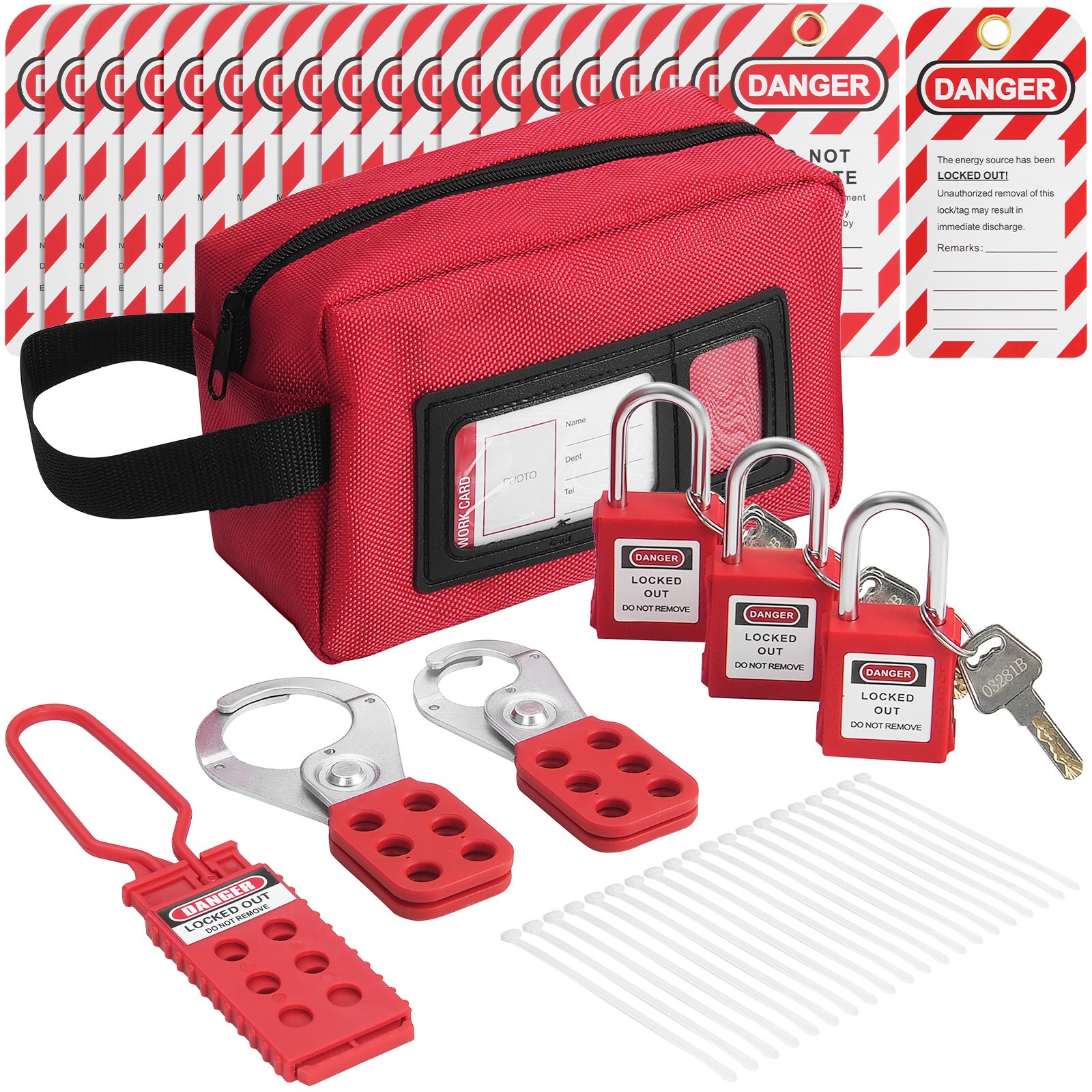 VEVOR SCAQSJTZ26JB04838V0 Electrical Lockout Tagout Kit  26 PCS Safety Loto Kit Includes Padlocks  Hasps  Tags  Nylon Ties  and Carrying Bag  Lockout Tagout Safety Tools for Industrial  Electric Power  Machinery