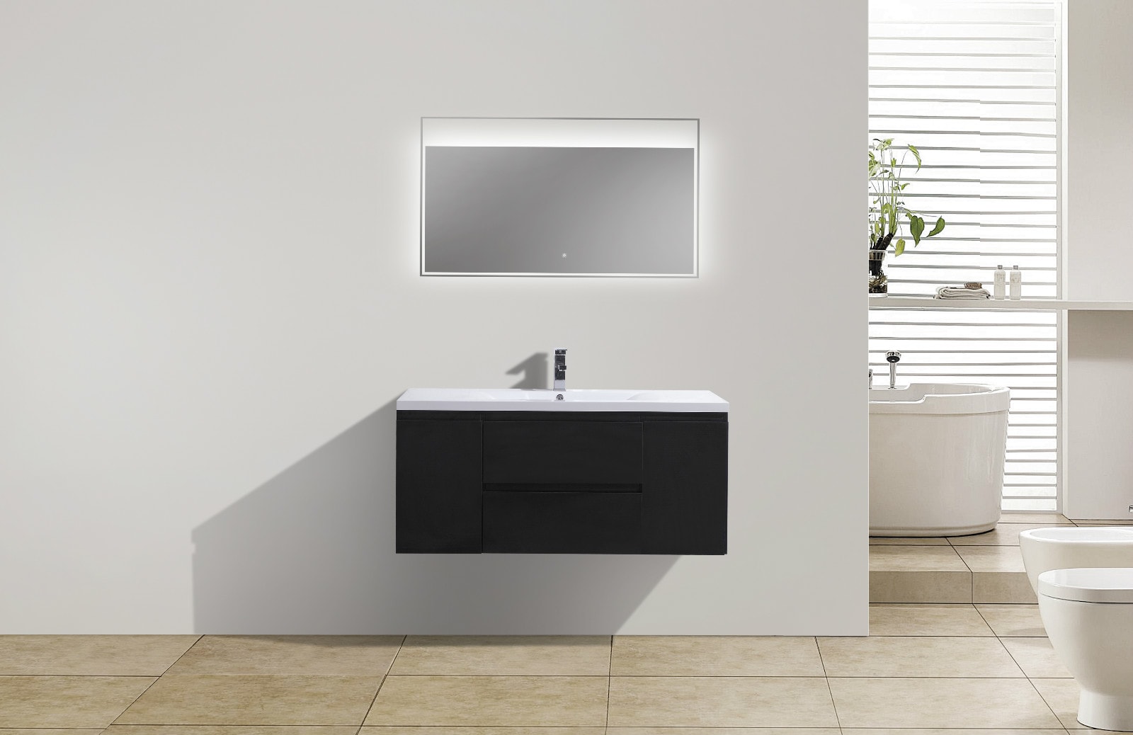 Moreno Bath MOB48S-RB Moreno Bohemia 48-in Rich black Single sink Floating Bathroom Vanity with Pure white Acrylic Top