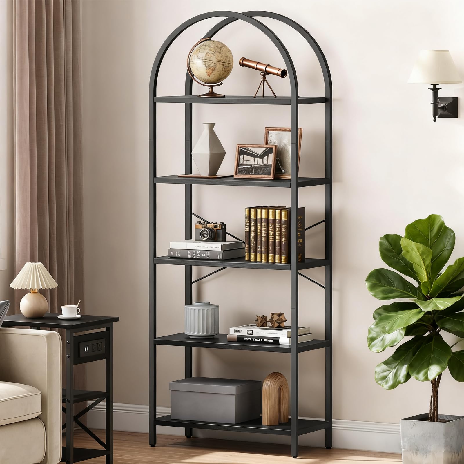 Arched Five Tier Bookshelf Metal Frame Design Tall Standing Open Storage Shelf Modern Display Rack For Bedroom Living Room And Home Office Use