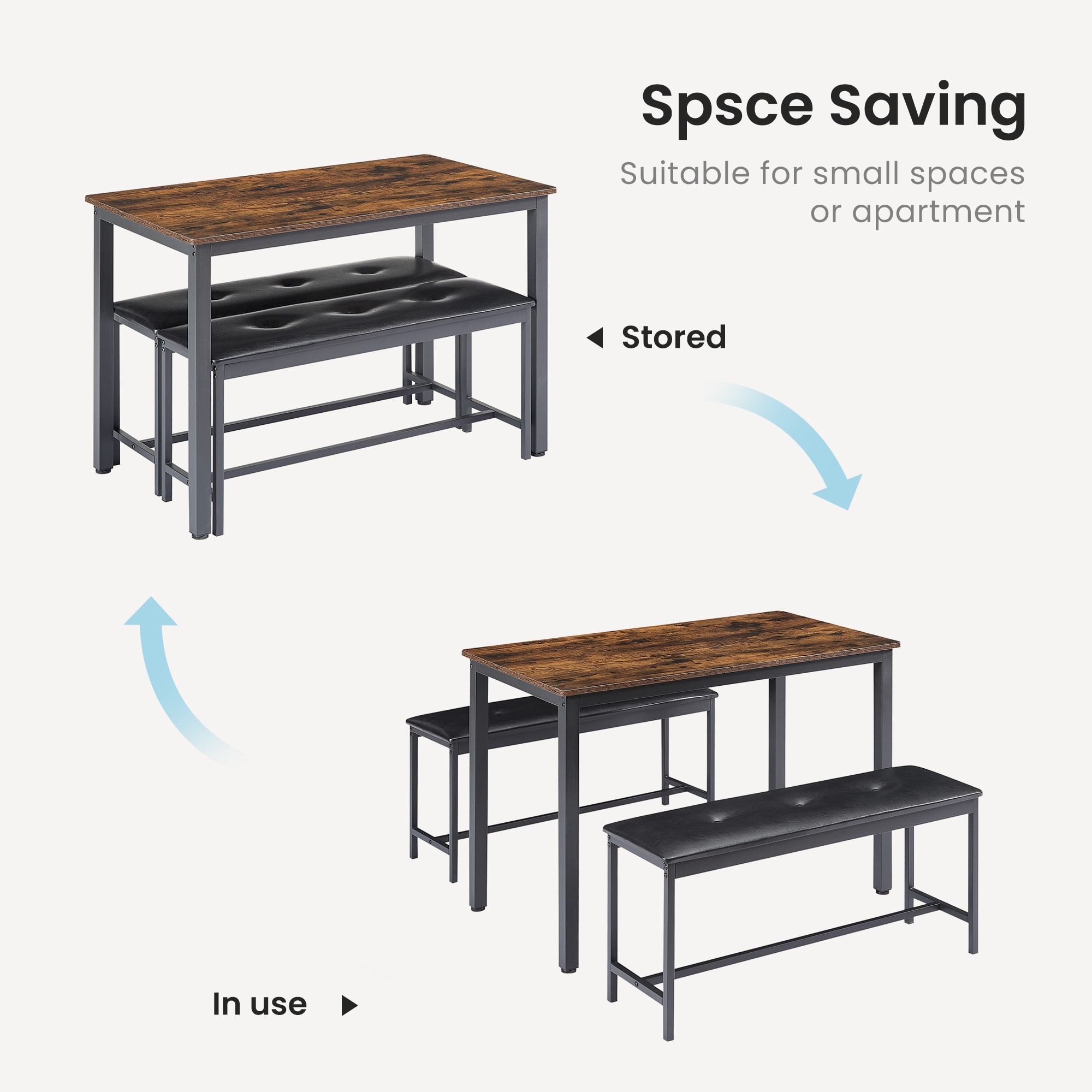 Rustic Brown and Black 3-Piece Dining Table Set with Benches