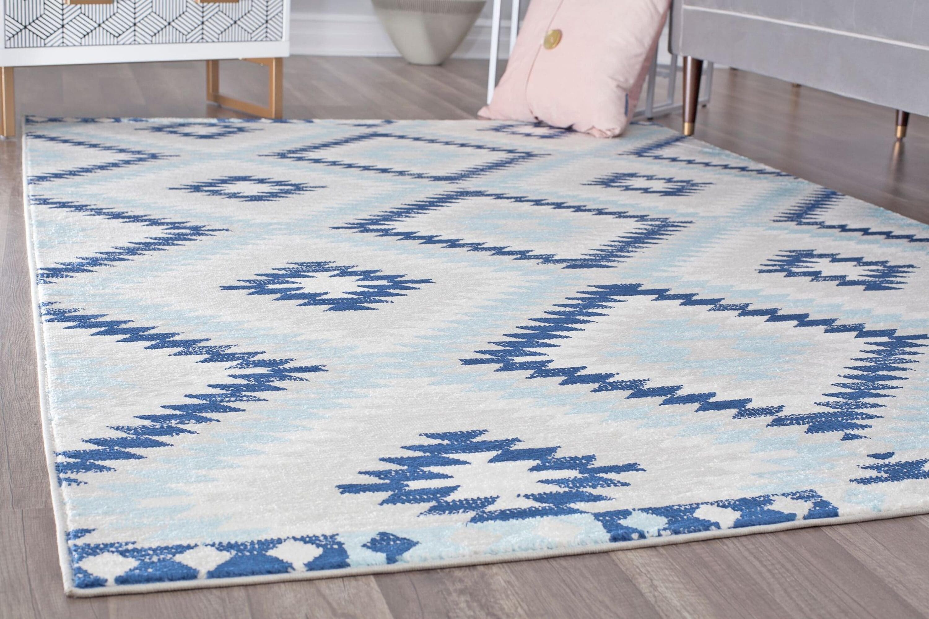 Ice Blue and Multicolor Synthetic Stain-Resistant Runner Rug