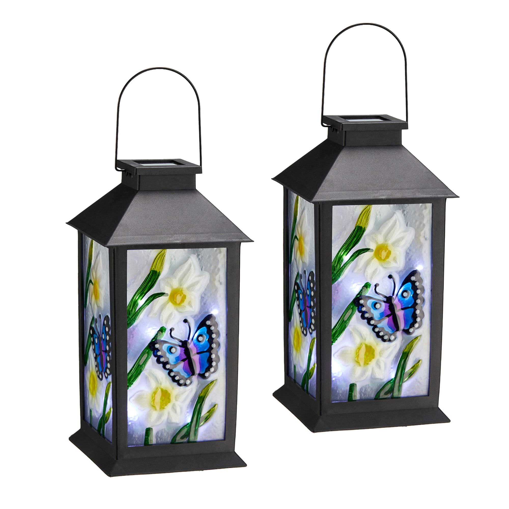 Glitzhome 2023300087 7.87-in x 13.39-in Black Glass Solar Outdoor Decorative Lantern