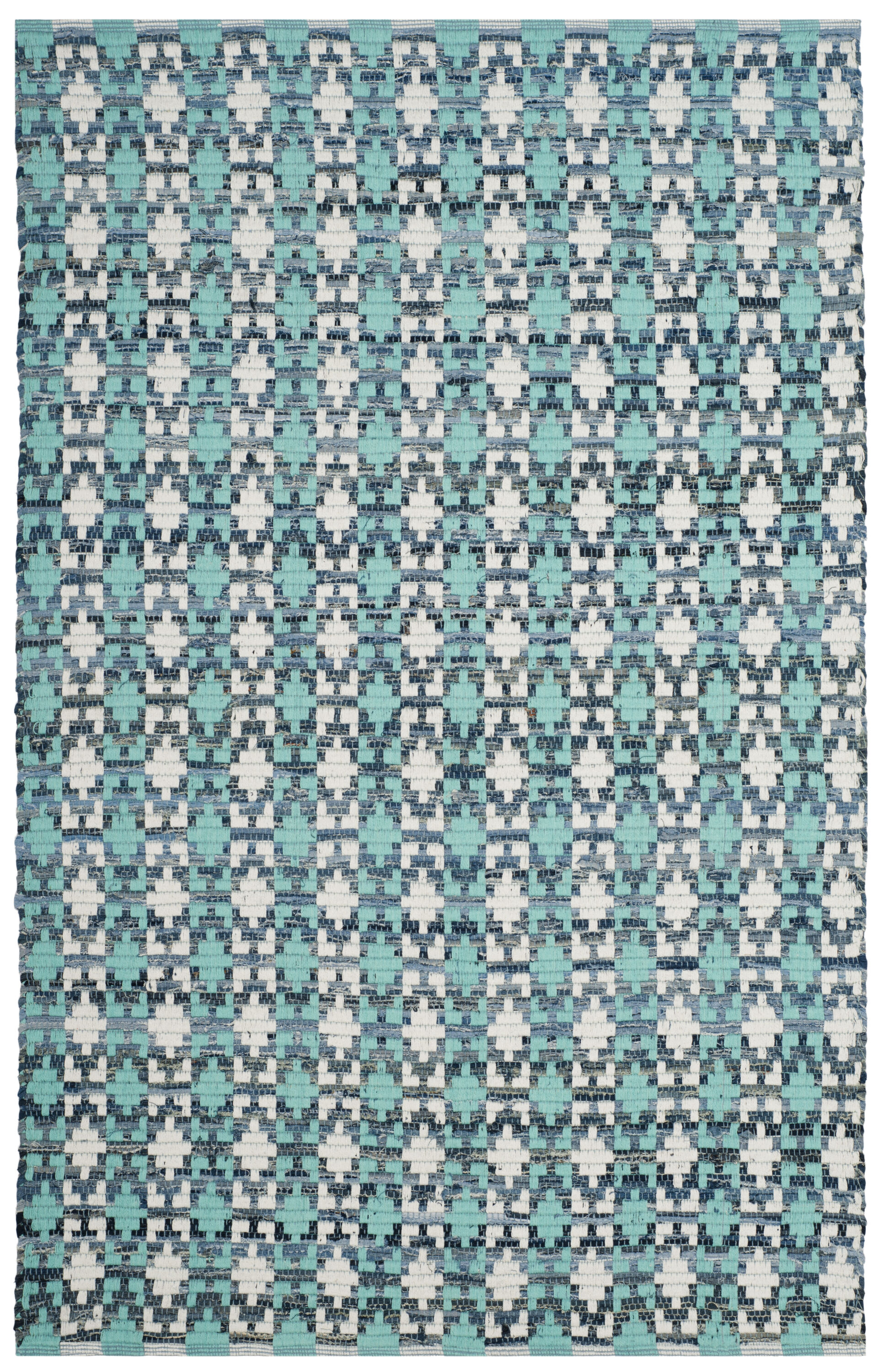 Turquoise and Multi Rectangular Handwoven Cotton Wool Rug, 3' x 5'