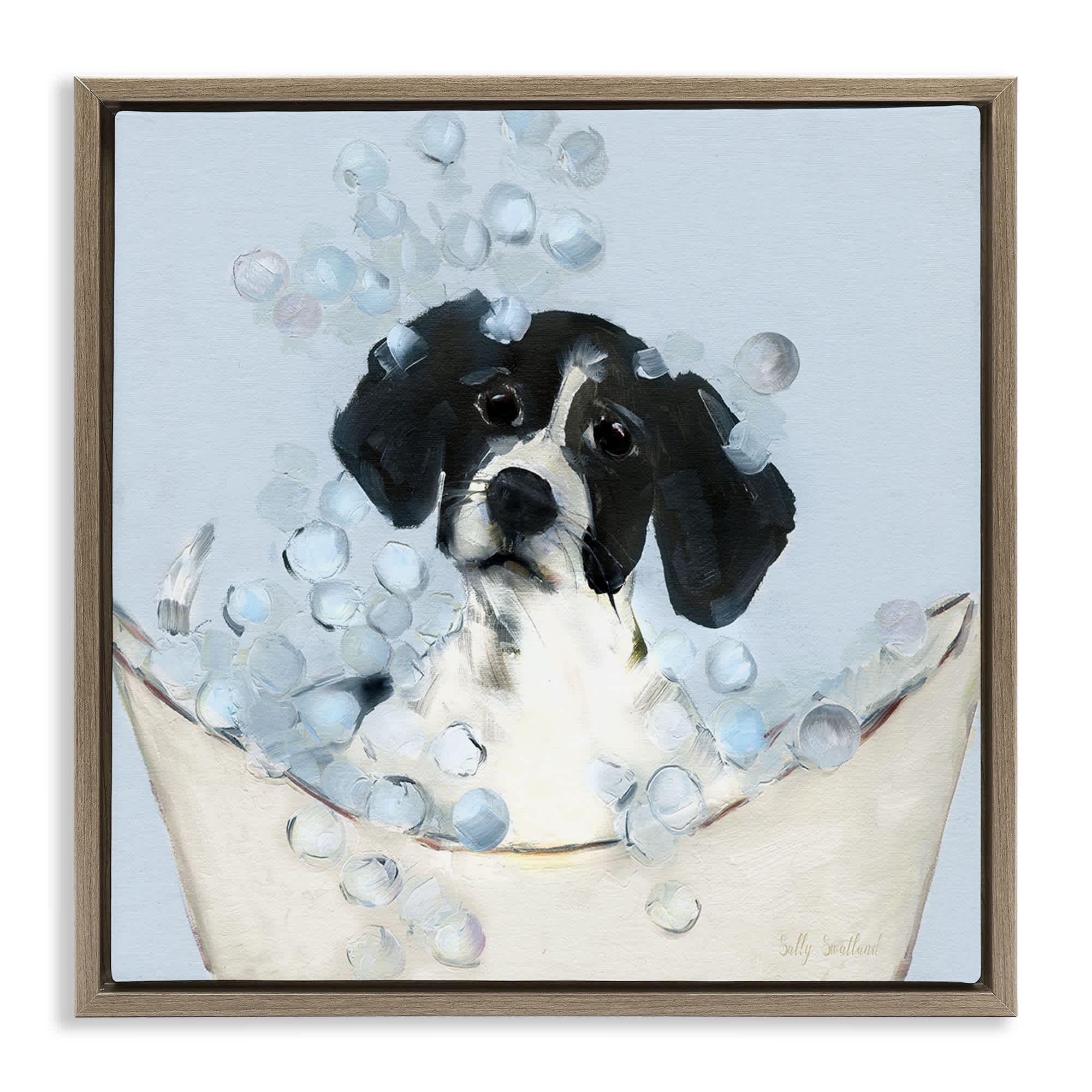 Stupell Industries BS-145-FFE-17X17 Black and White Puppy in Tub Brown Framed Floater Canvas Wall Art By Sally Swatland 18 x 18