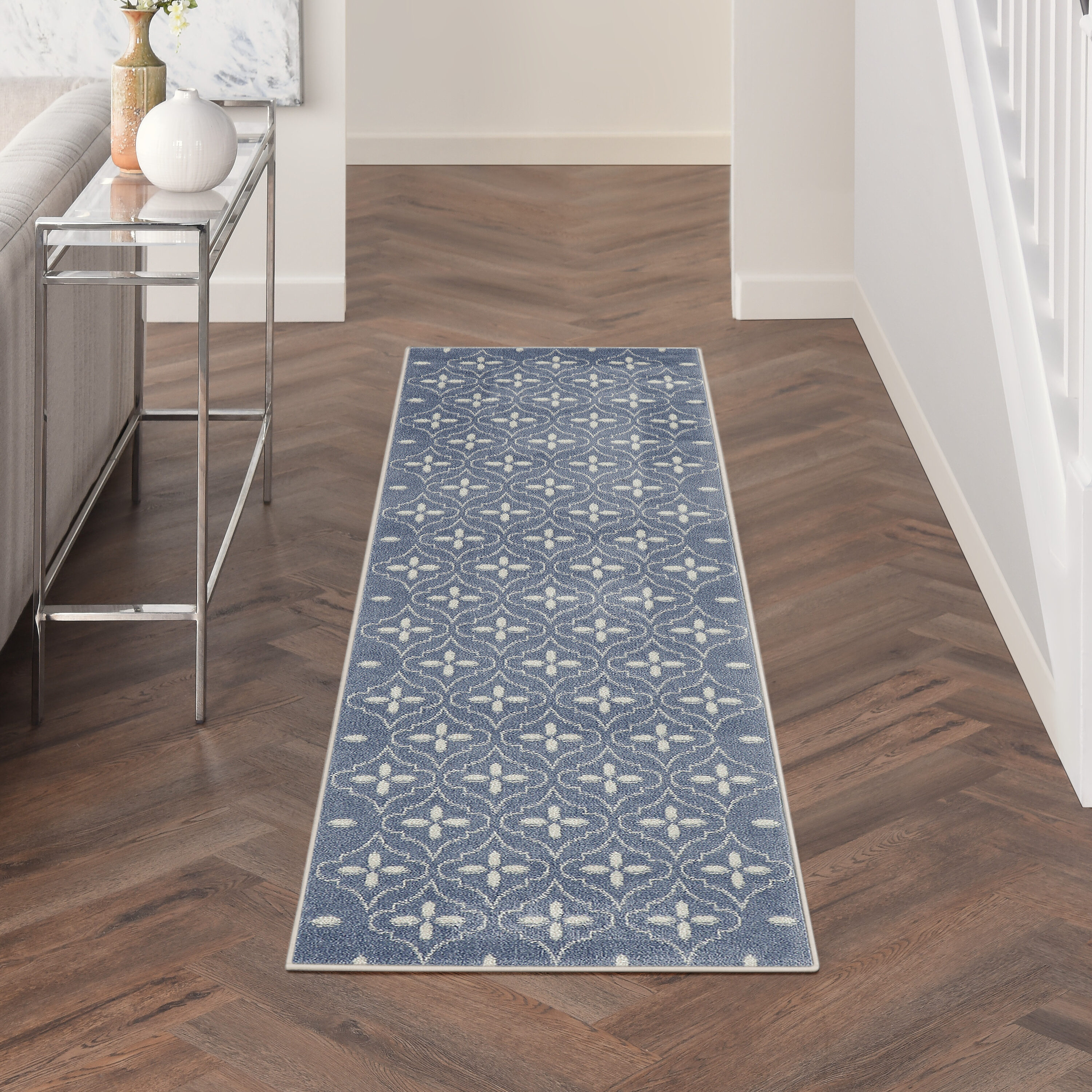 Nourison Home 099446940827 Essentials 2 x 8 (ft) Loomed Polypropylene Blue Ivory Rectangular Indoor/Outdoor Trellis Runner rug