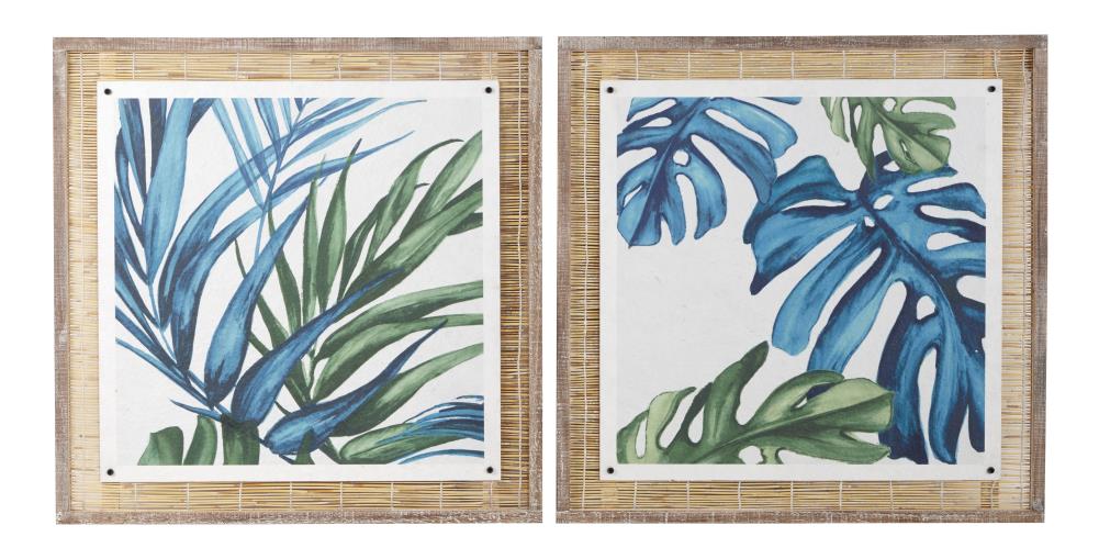 Blue and Green Abstract Leaf Wall Art with Brown Wood Frame, Set of 2